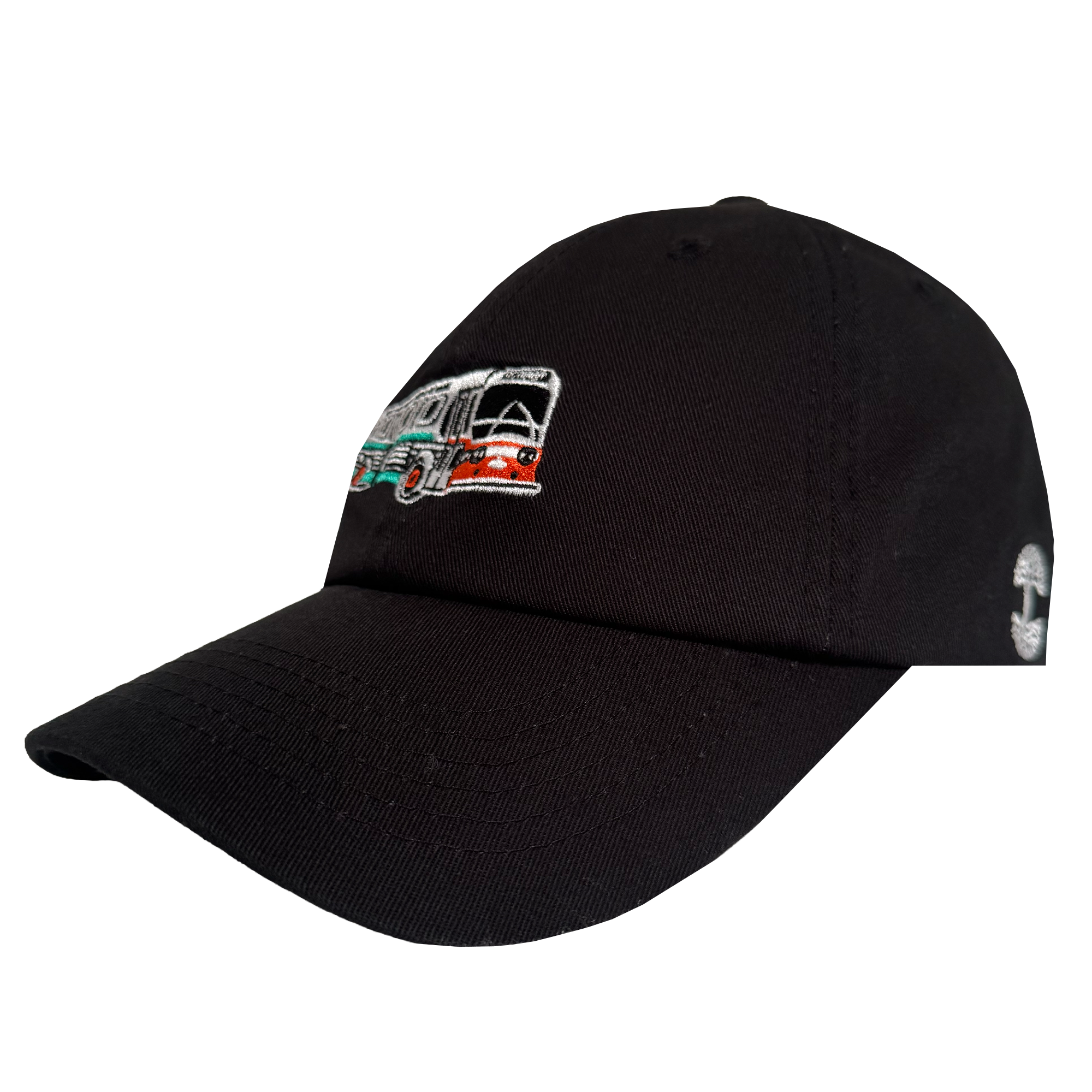 The Oaklandish AC Transit Dad Hat is a black cap featuring an embroidered retro AC Transit bus with red, green, and white stripes—bringing classic East Bay vibes to your look.