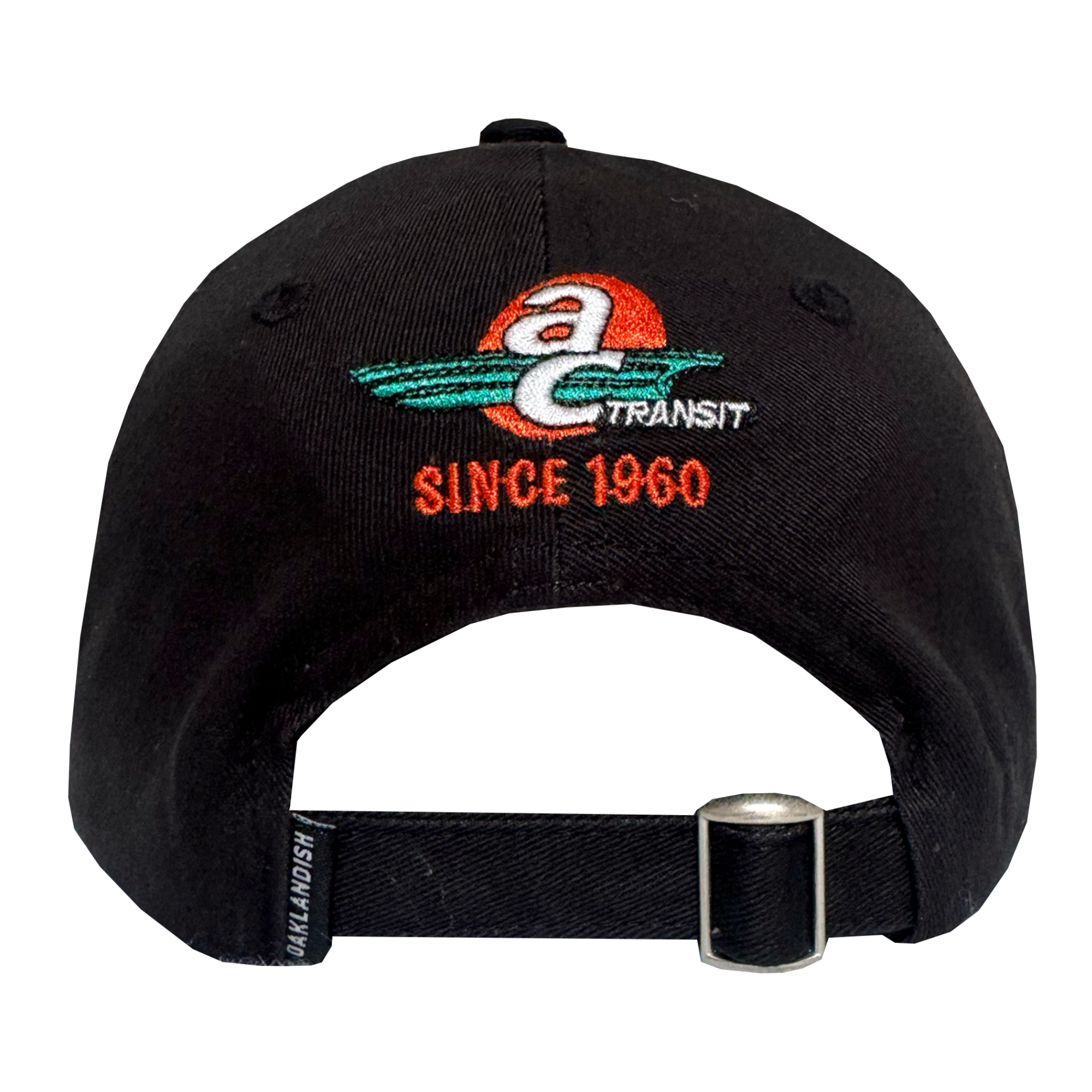 Back view of the AC Transit Dad Hat by Oaklandish, a black cap with an embroidered AC Transit logo (red sun, teal swooshes, "Since 1960" in orange), adjustable black strap with silver buckle, and Oaklandish label—celebrating East Bay pride.