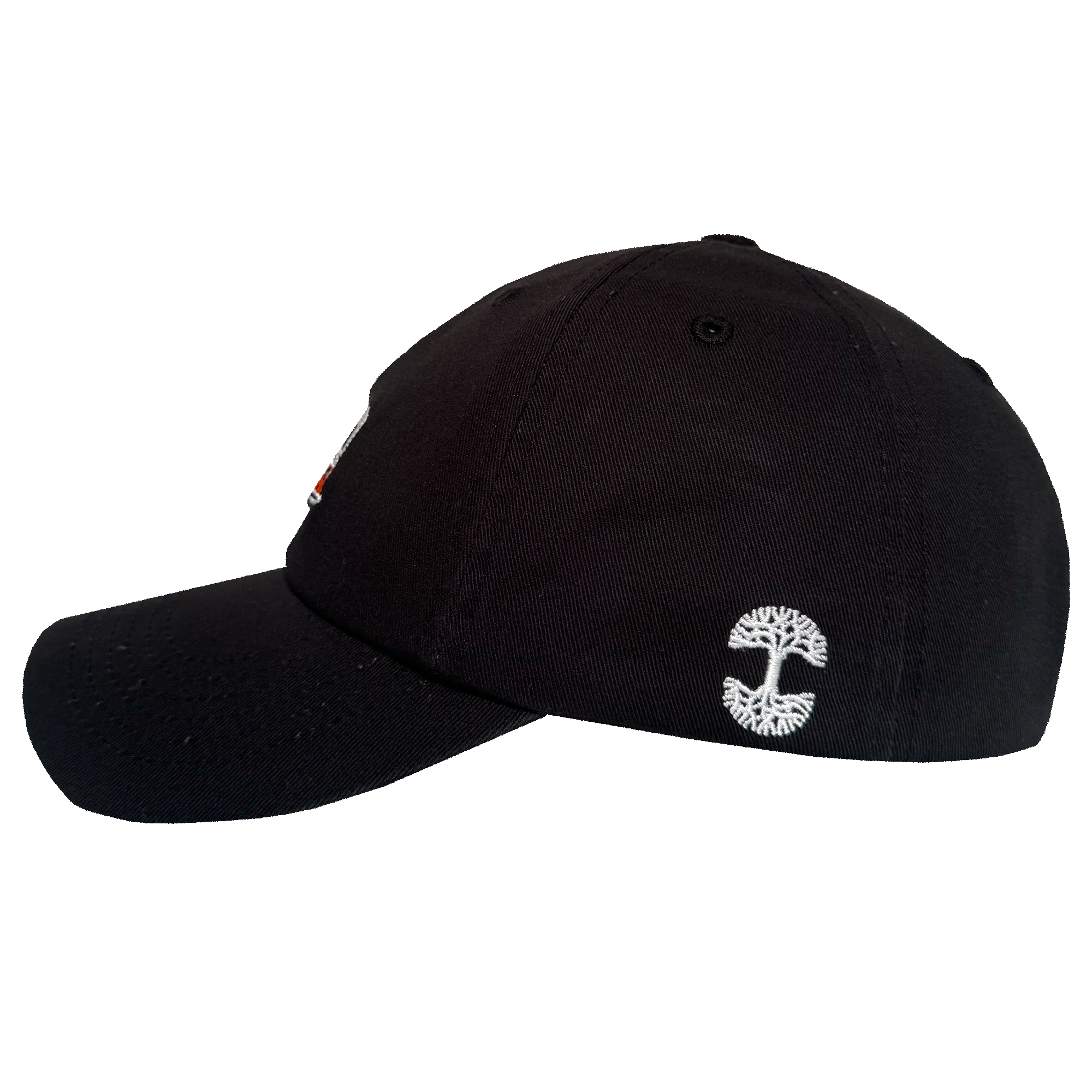 The Oaklandish AC Transit Dad Hat is a black, vintage-inspired cap with a curved brim, structured crown, ventilation eyelets, and a white embroidered logo resembling a stylized tree near the back. Shown from the side against a plain white background.