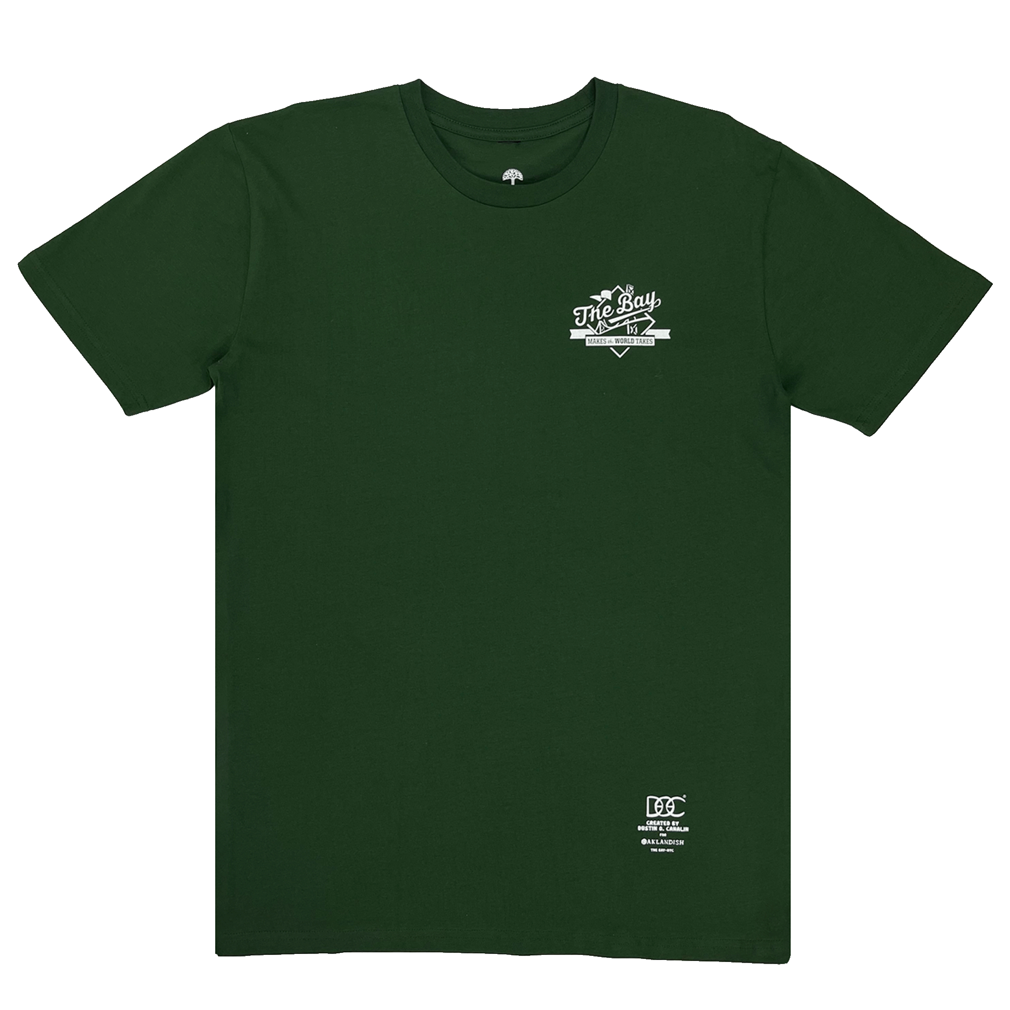 Frontside view of a green t-shirt white The Bay Makes The World Takes logo graphic on left chest wearside.