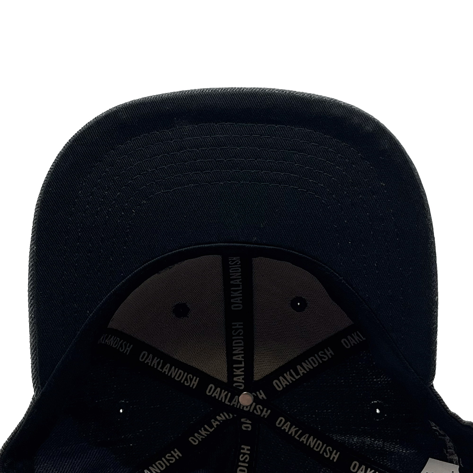 The underside view of a square flat bill one a charcoal hat.