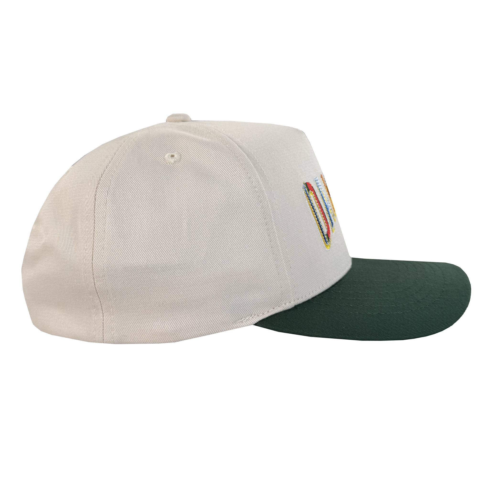 The Oakland Ballers Oakland Beisbol 5 Panel Cap is a beige snapback with a dark green curved brim, stitched eyelets, and part of a colorful embroidered front design visible from the side.