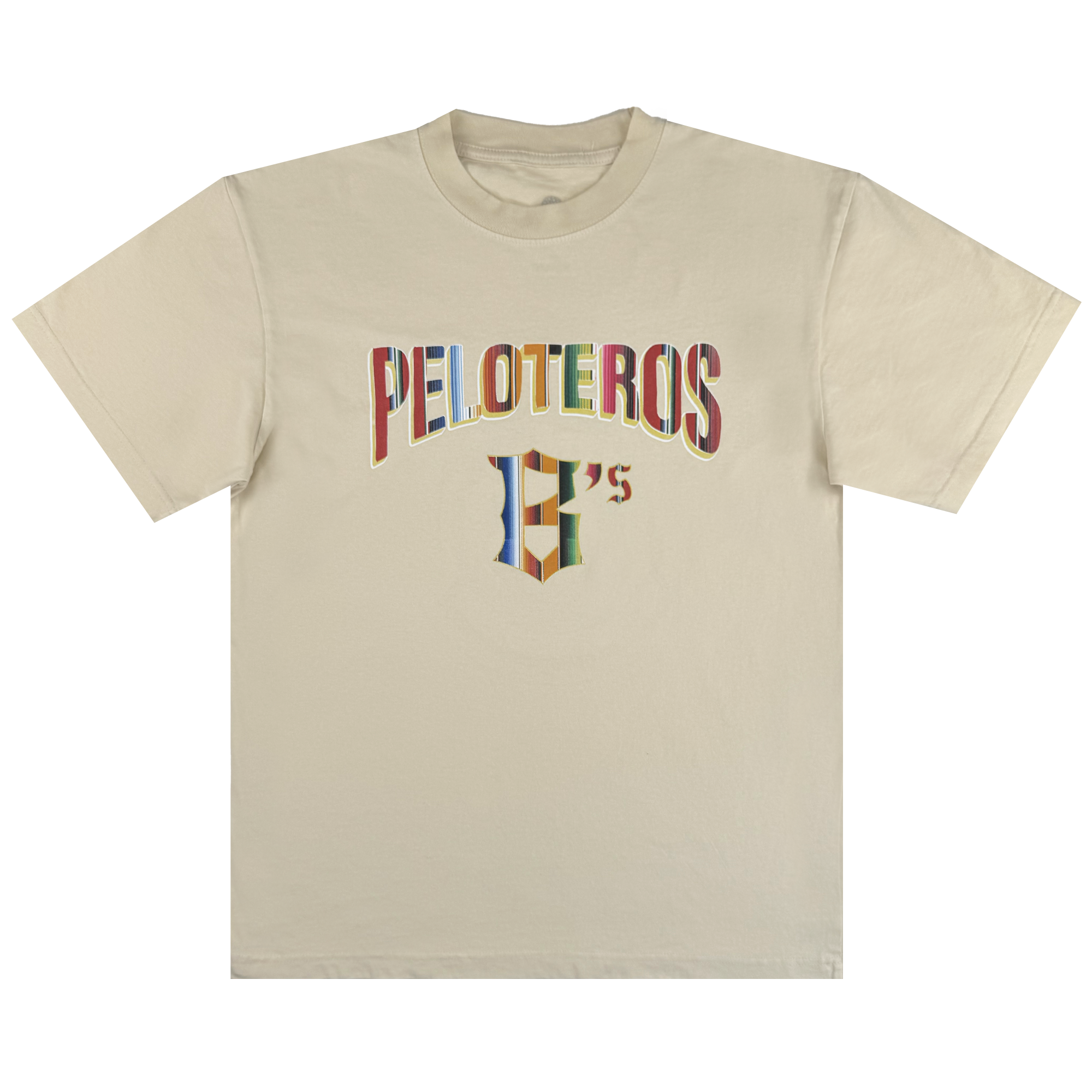 The Oakland Beisbol Tee by Oakland Ballers features "PELOTEROS" in bold, multicolored letters on a beige short-sleeve shirt, with a stylized “H’s” logo beneath—ideal for Pioneer League and Oakland Ballers fans.