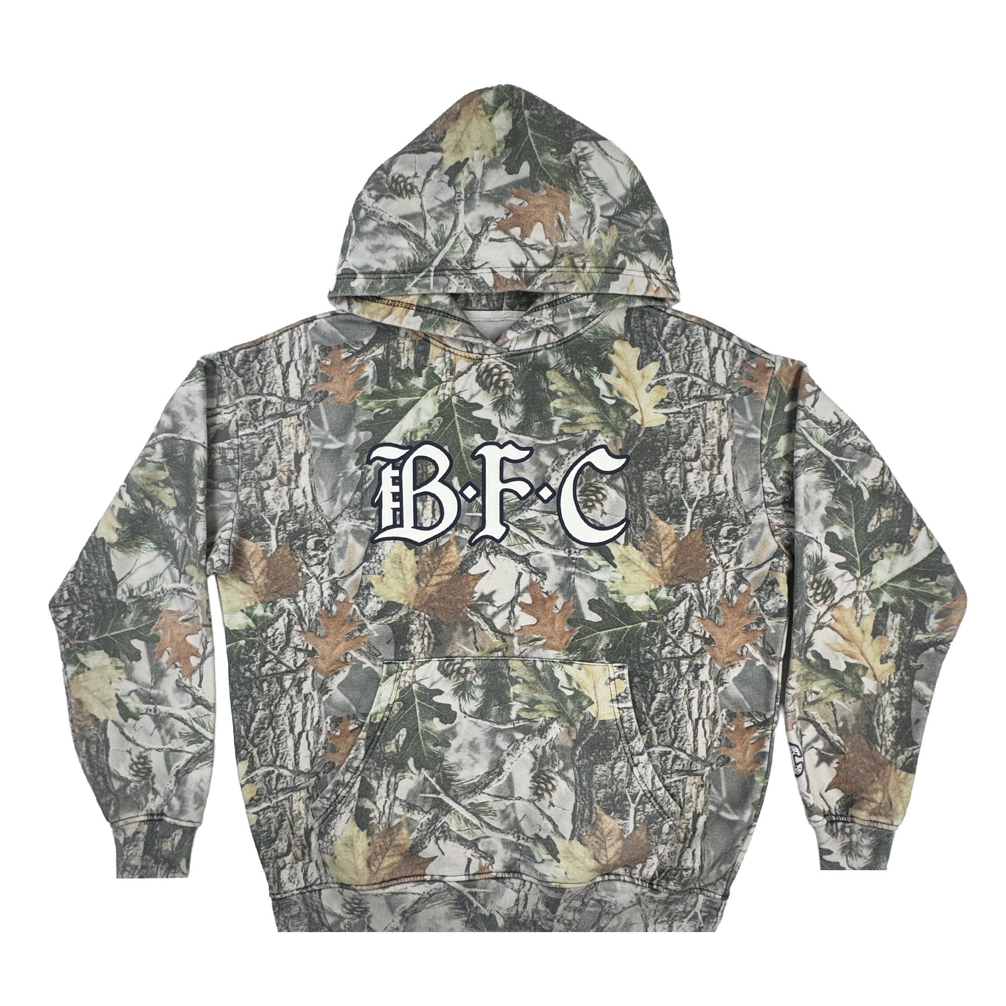 The Bay FC Camo Hoodie is a men's pullover with a wood camo pattern, bold white "BFC" chest lettering, front pocket, long sleeves, and a cozy hood. Brand: Bay FC.
