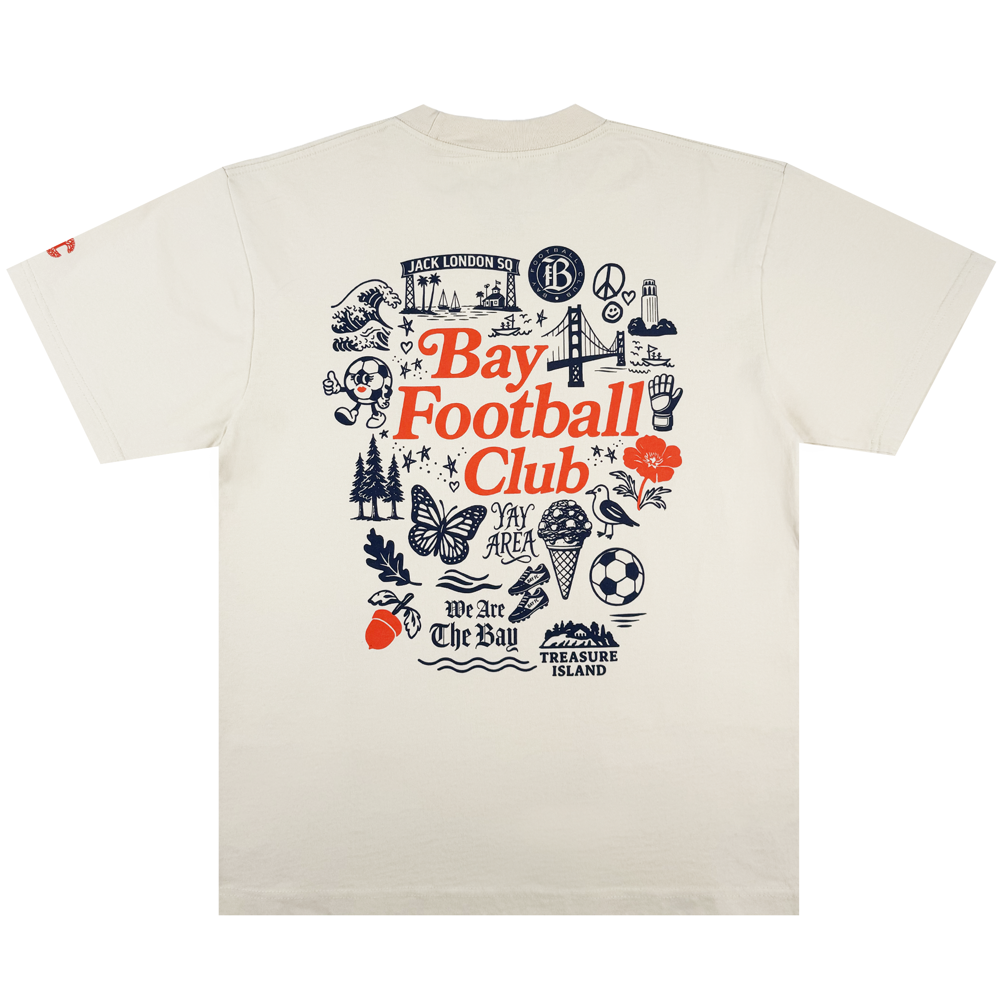The Bay FC Jubilee Tee is a cream classic-fit t-shirt with “Bay Football Club” in bold red and navy Bay Area icons on the back, plus “We Are The Bay.” Made from heavy-weight cotton—perfect for any Bay FC fan.