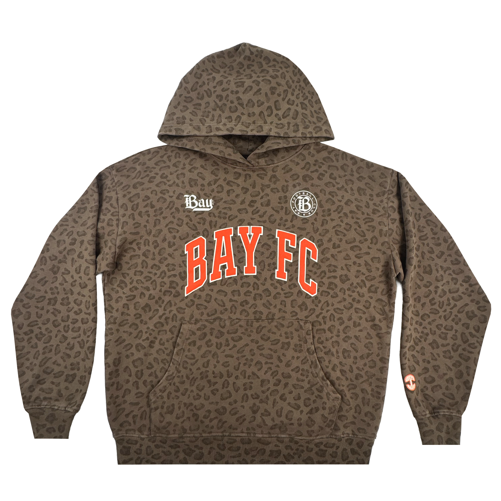 The Bay FC Leopard Hoodie features a brown pullover design with an all-over Leopard Camo print, bold red and white "BAY FC" across the chest, two white logos above, and a small orange symbol on the left sleeve near the wrist.