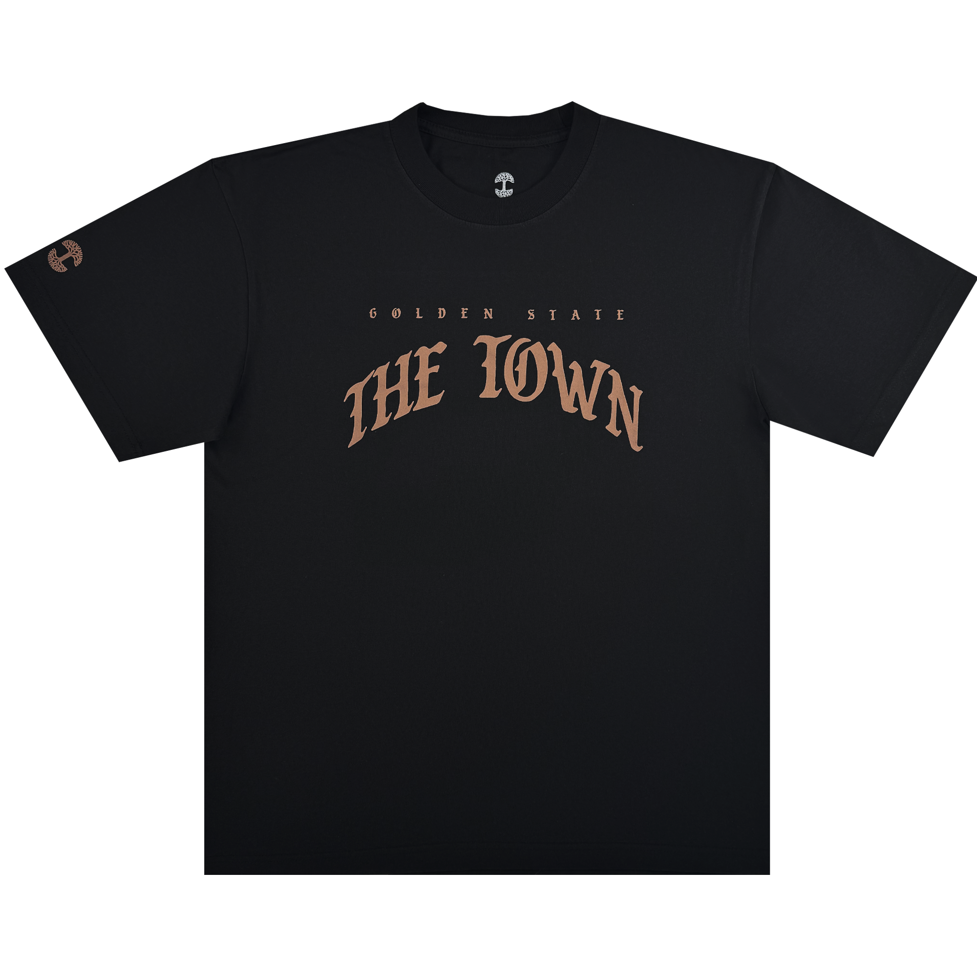 The GSW Arched Black-Letter Tee features "GOLDEN STATE" in small gold letters above large, stylized gold "THE TOWN" text on the chest, plus an Oaklandish circular logo on the left sleeve. Shirt is laid flat on a white background.