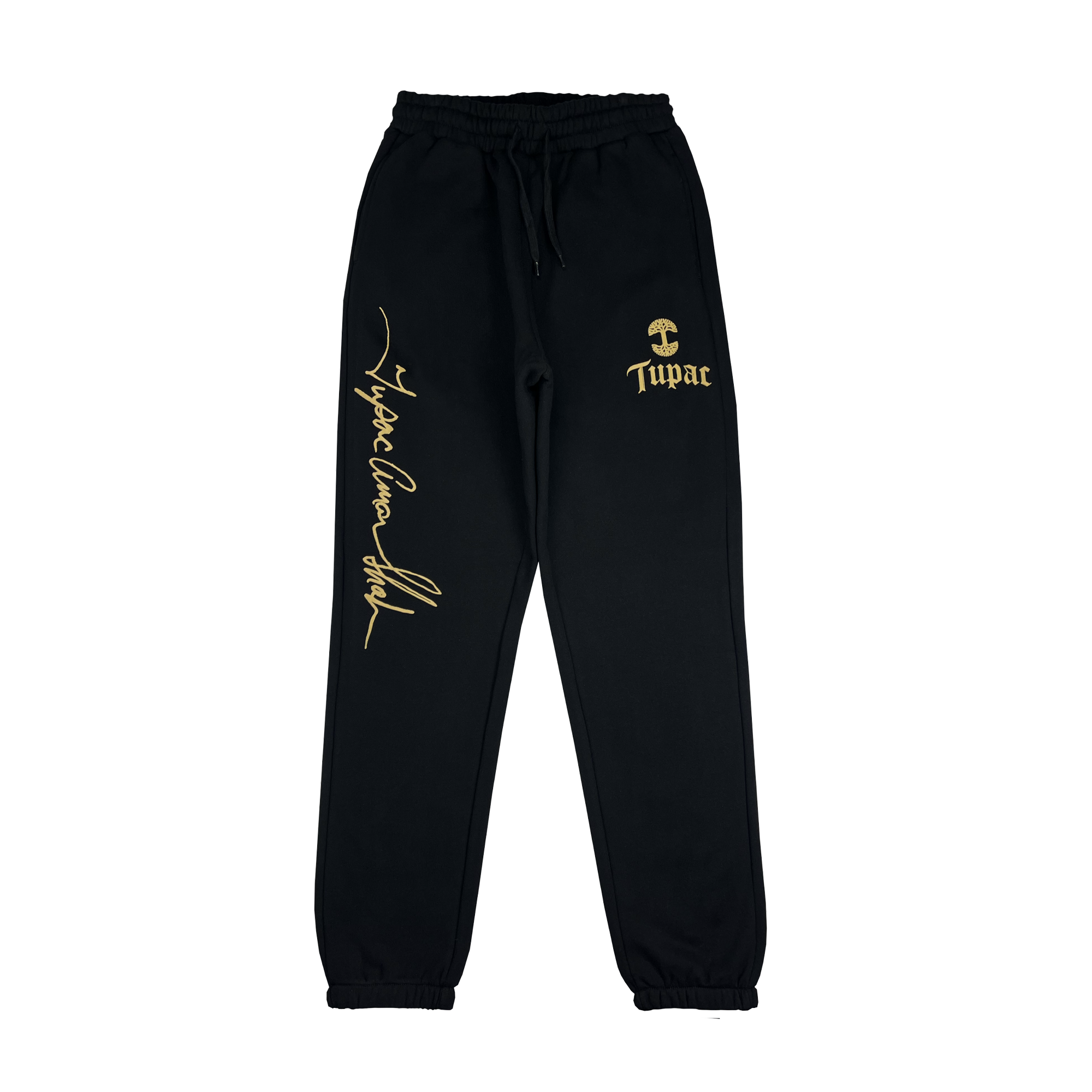 The Bless Jogger from the Oaklandish x Tupac Shakur collaboration features striking gold lettering. The left leg is adorned with a large vertical stylized signature, while "Tupac" in gold script, complete with a crown and cross, enhances the right leg. With an elastic waistband and soft fabric, these joggers offer both style and comfort.