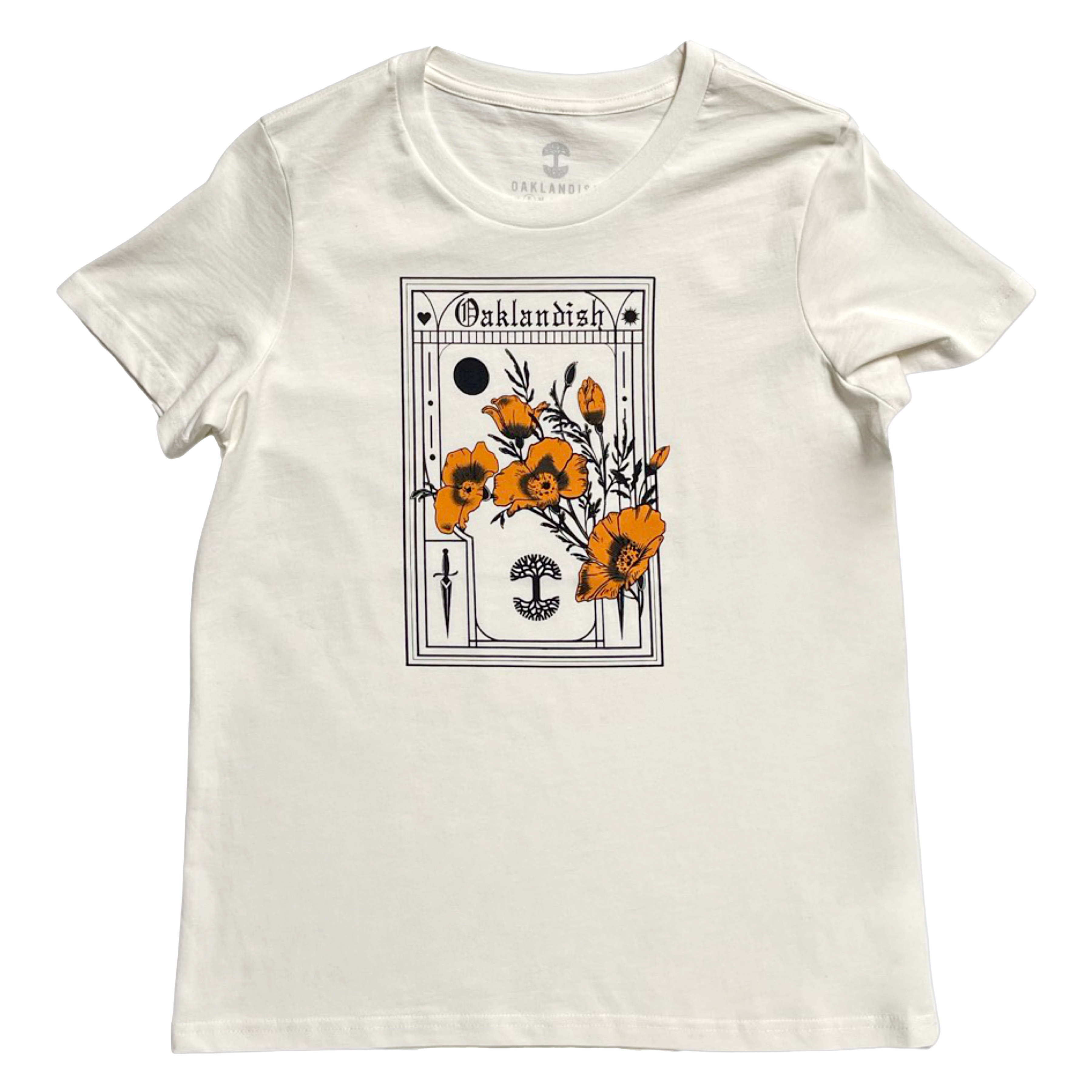 Made from soft cotton, the Women's Blossom Tee by Oaklandish presents an artistic design with bright orange poppies. It features a black abstract sun and geometric shapes, with the word "Outlandish" elegantly arched above the scene.