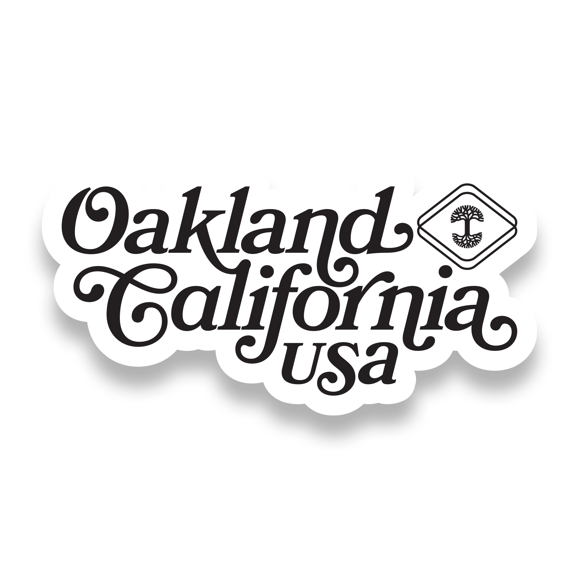 The Bookman Sticker by Oaklandish features "Oakland California USA" in cursive with a tree symbol inside a diamond, creating a vintage style. This black and white design is outlined like a cloud, making it an ideal accessory or sticker.