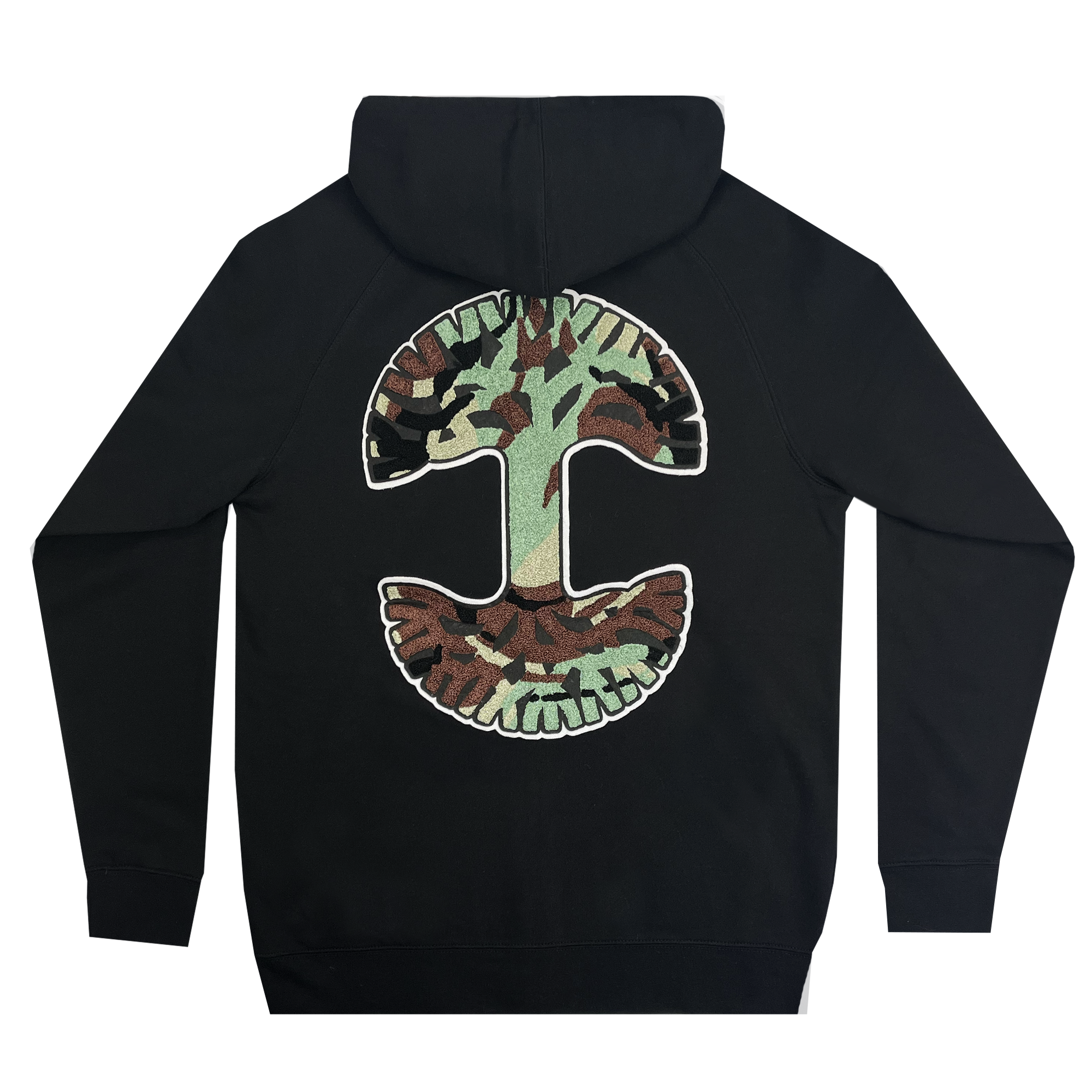 Black zip hoodie with camo Oaklandish tree logo chenile patch on back.