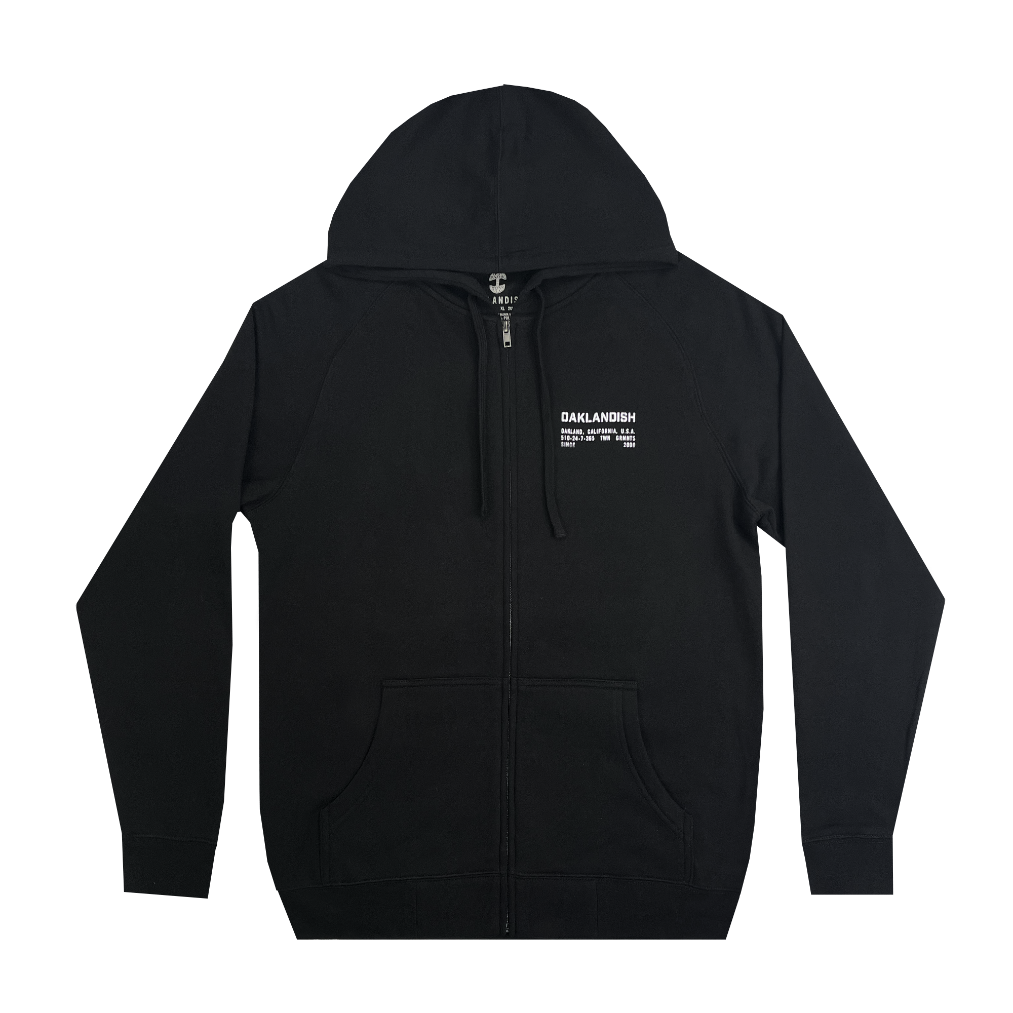 Front view of Black zip hoodie with Oaklandish wordmark as left chest print.