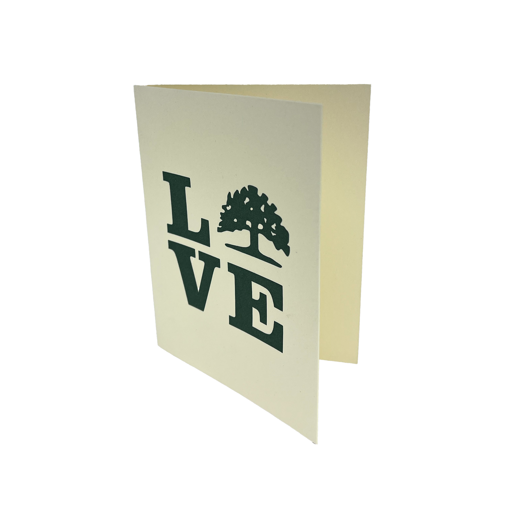 Open linen colored greeting card with LOVE wordmark with the O as a Oakland tree in green.