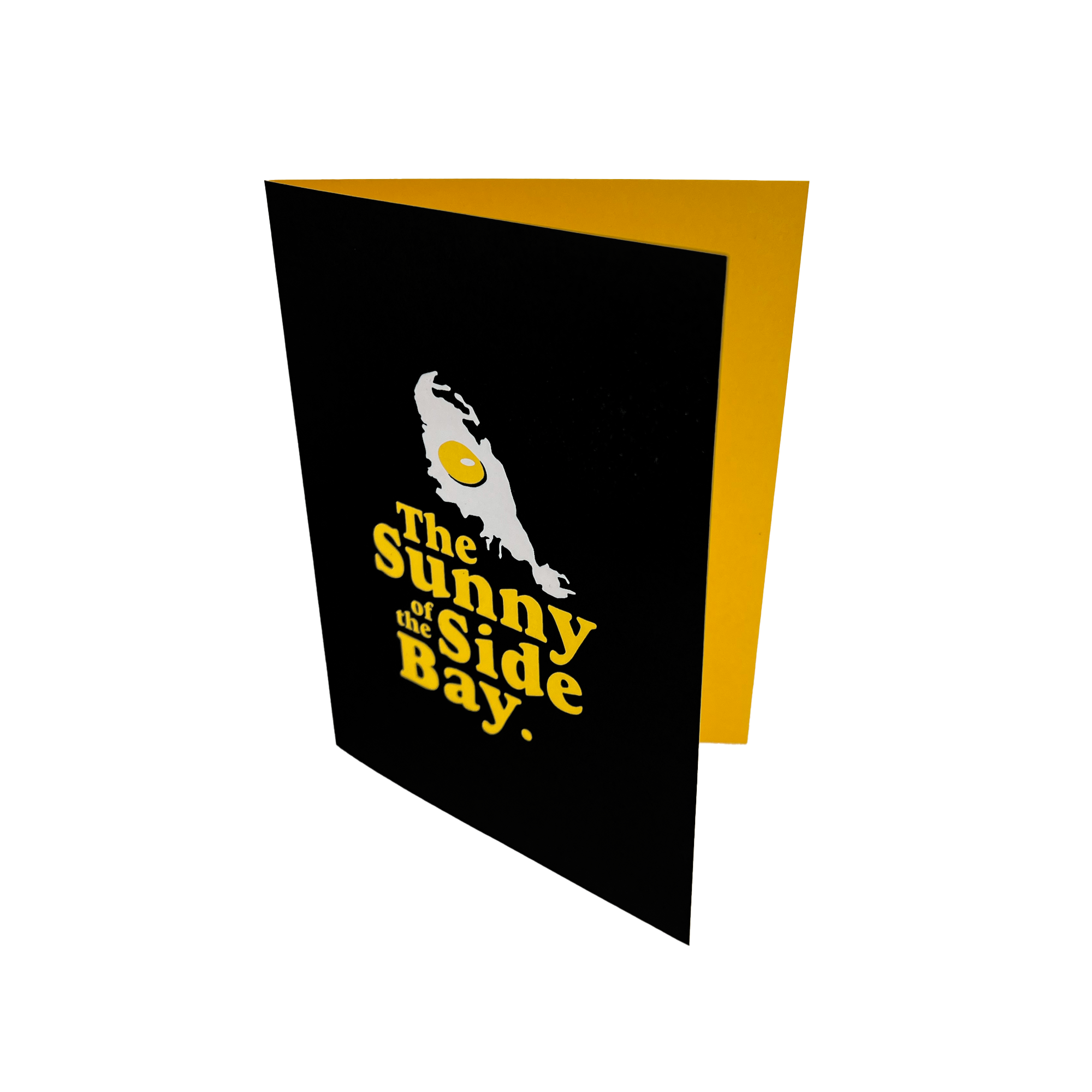 Black greeting card with The Sunnyside of the Bay wordmark and logo - open to expose yellow interior.