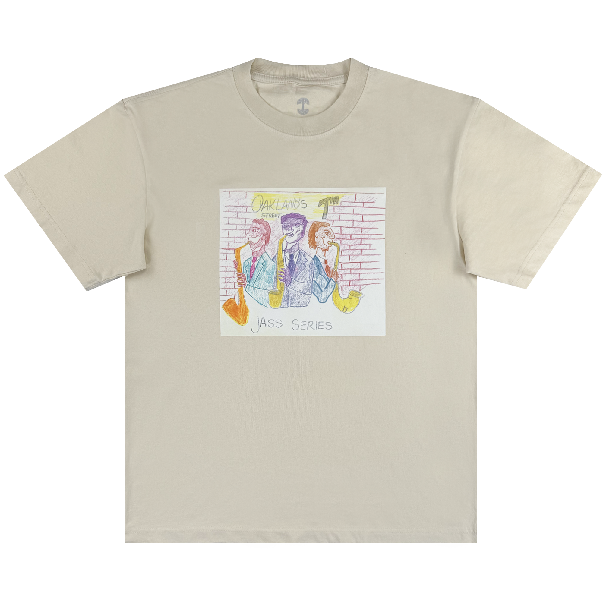 The 7th St. Players Tee by Oaklandish is a natural beige, 100% cotton classic fit t-shirt with a hand-drawn design of three saxophonists by a brick wall, featuring "OAKLAND'S" above and "JASS SERIES" below in colorful sketched art.
