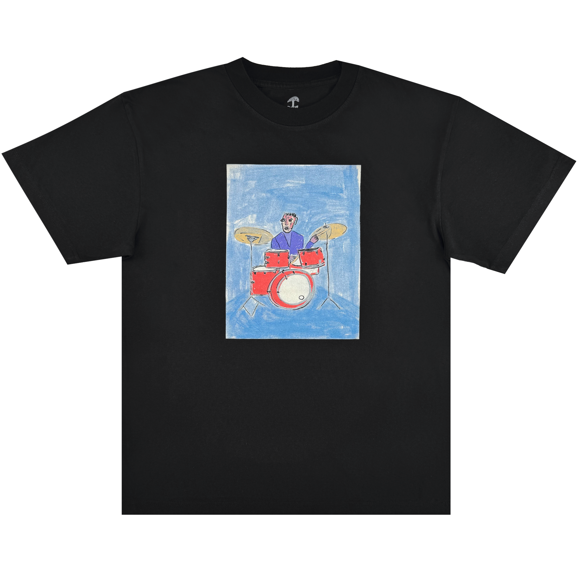 The Drummin' Blues Tee by Oaklandish is a classic fit, 100% cotton shirt featuring a playful, painted drummer on a red drum set against blue on a black backdrop—a comfortable staple with bold, childlike character.