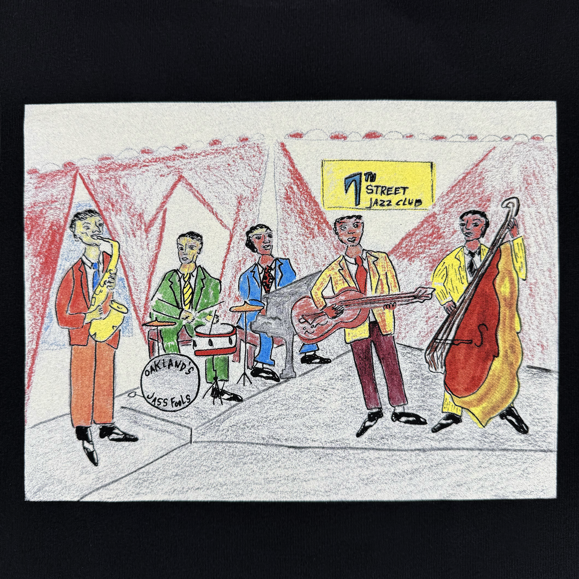 The Ode to Jass Tee by Oaklandish features a vibrant drawing of five jazz musicians onstage, printed on a classic fit 100% cotton shirt—ideal for fans of bold design and American style.