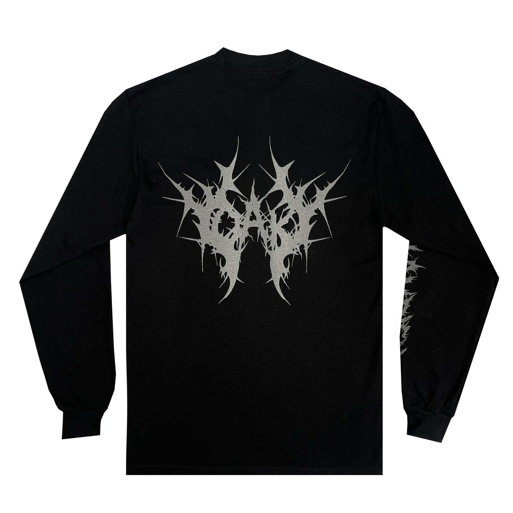 The Cipher LS Tee by Oaklandish is a black, classic fit long sleeve t-shirt made from 100% cotton, featuring a silver abstract spiked design on the back. The intricate and symmetrical pattern, crafted with reflective ink, extends down the sleeves. This stylish piece stands out against a white background and makes a unique addition to any wardrobe.