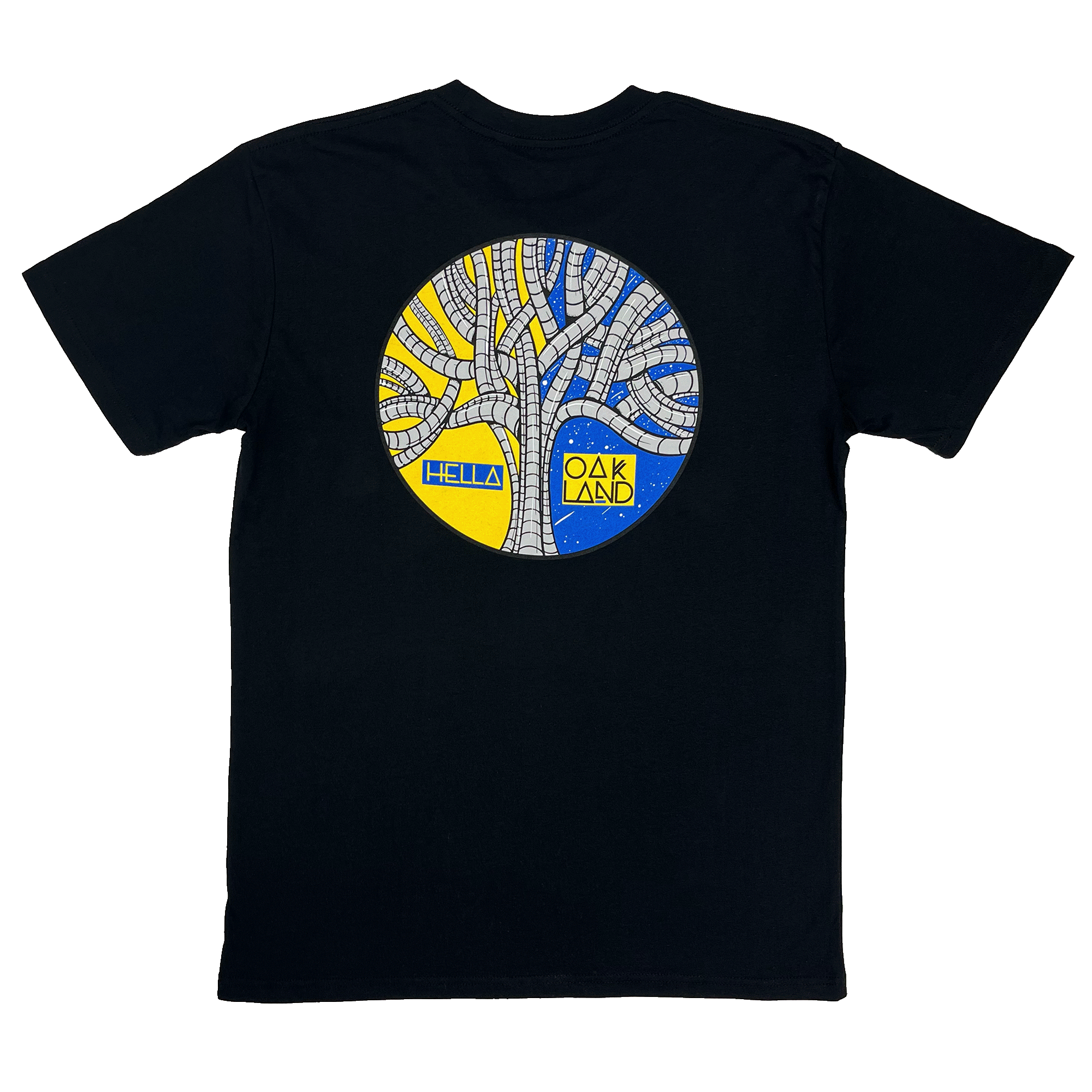 Black cotton T-shirt with a large blue, yellow, and grey HELLA OAKLAND circular tree graphic by artist HellaFutures.