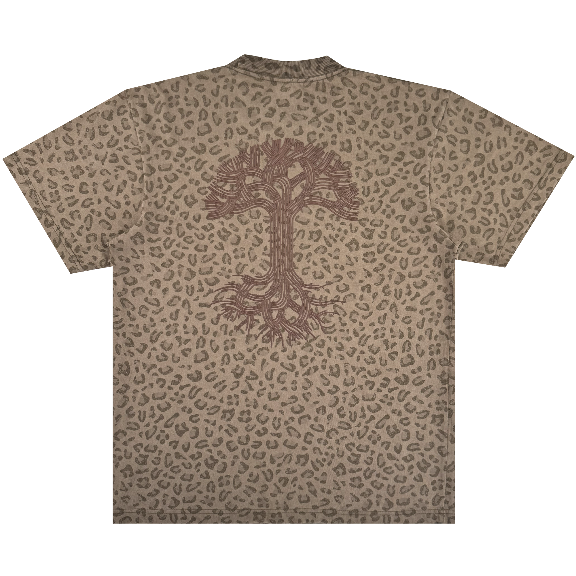 The Oaklandish Classic Logo Tee by Oaklandish is a brown men's oversized short-sleeve t-shirt with an all-over leopard print, made from heavyweight cotton. It features a large dark brown tree logo with many roots on the back.