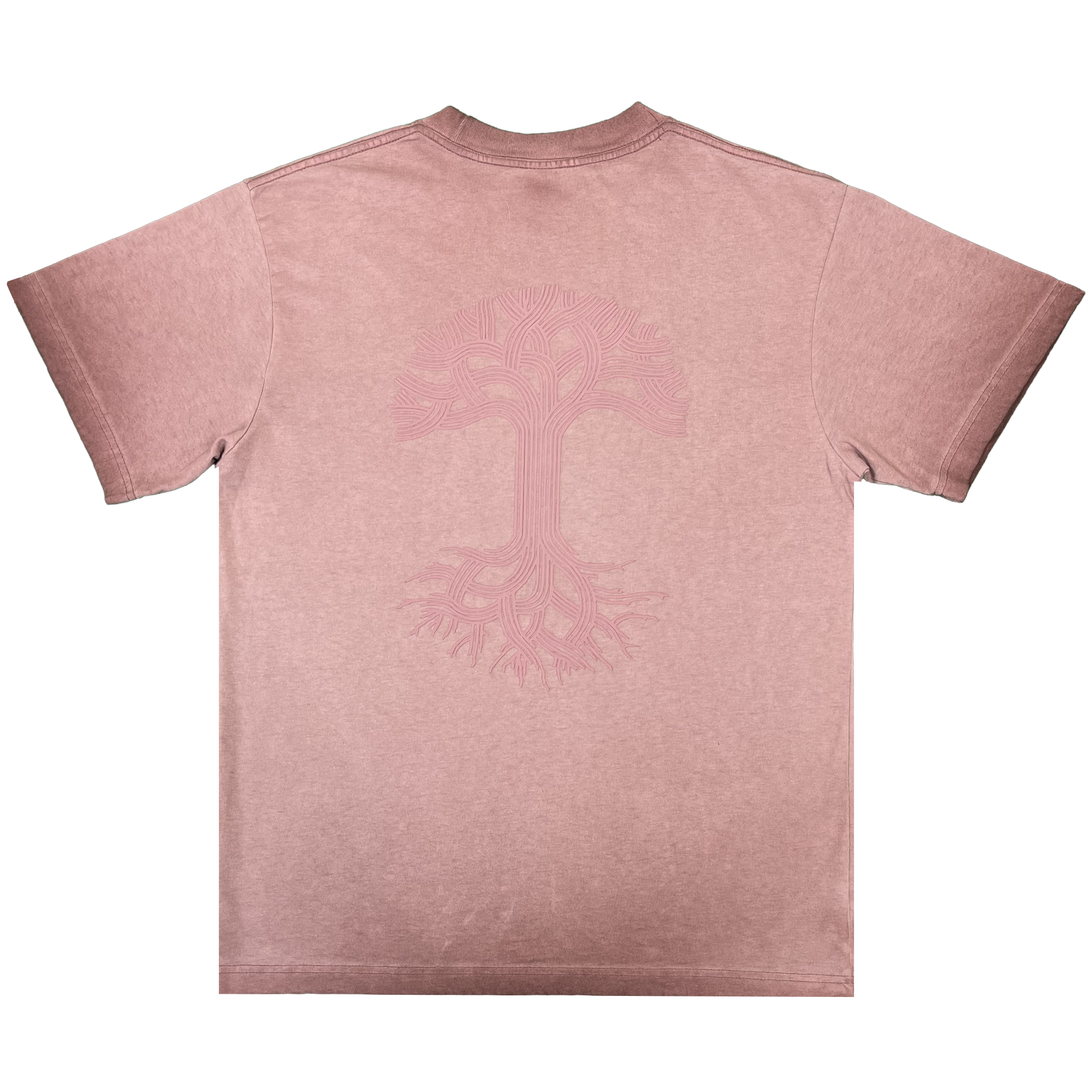 The Oaklandish Classic Logo Tee by Oaklandish is shown laid flat in a faded mauve heavyweight cotton. The back displays a subtle, line-art rendition of the brand’s iconic tree logo—with branching roots and branches—printed in a slightly darker pink. This classic fit t-shirt features short sleeves and a minimalist design with no additional visible details.