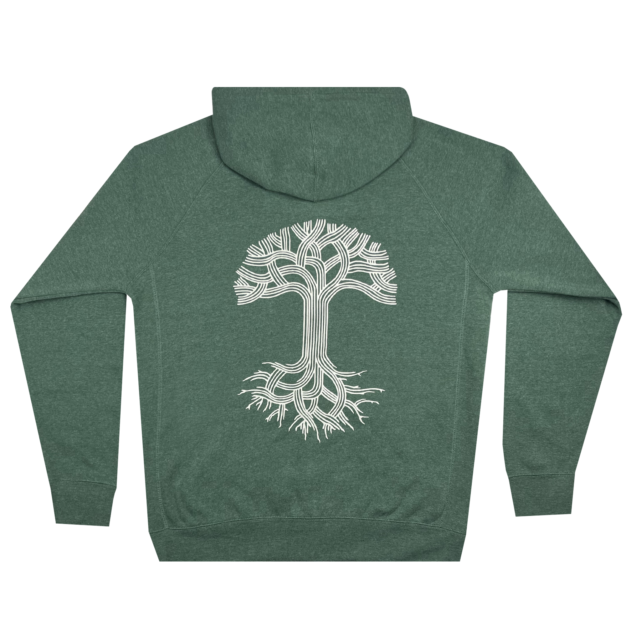 The Oaklandish Classic Zip Hoodie from Oaklandish features a forest green color and a white graphic design on the back. The design portrays an intricate tree with branches reaching upwards and roots extending downwards, resembling a network. The tree's lines are elegantly simple and interconnected, symbolizing growth and connection. This unisex fit hoodie offers versatile outerwear for any occasion.