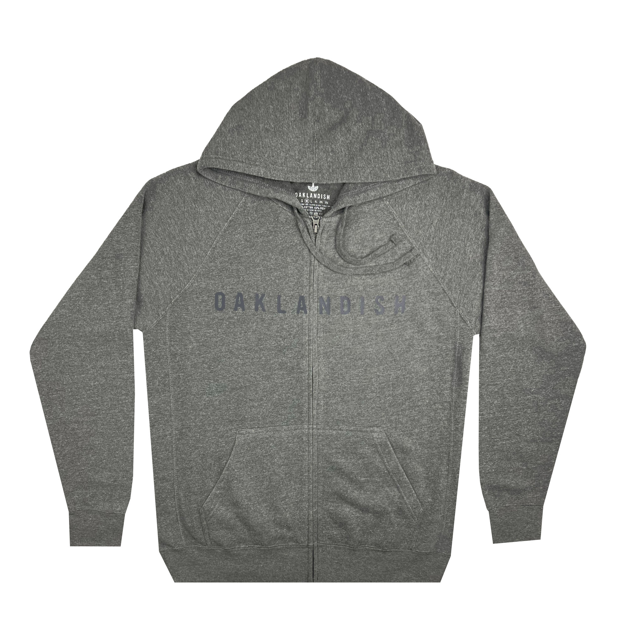 The Oaklandish Classic Zip Hoodie by Oaklandish, a heather gray unisex fit zip-up, showcases the word "OAKLANDISH" printed in black across the chest. This outerwear includes a front zipper, two side pockets, and a drawstring hood. The hoodie is displayed flat against a white background.