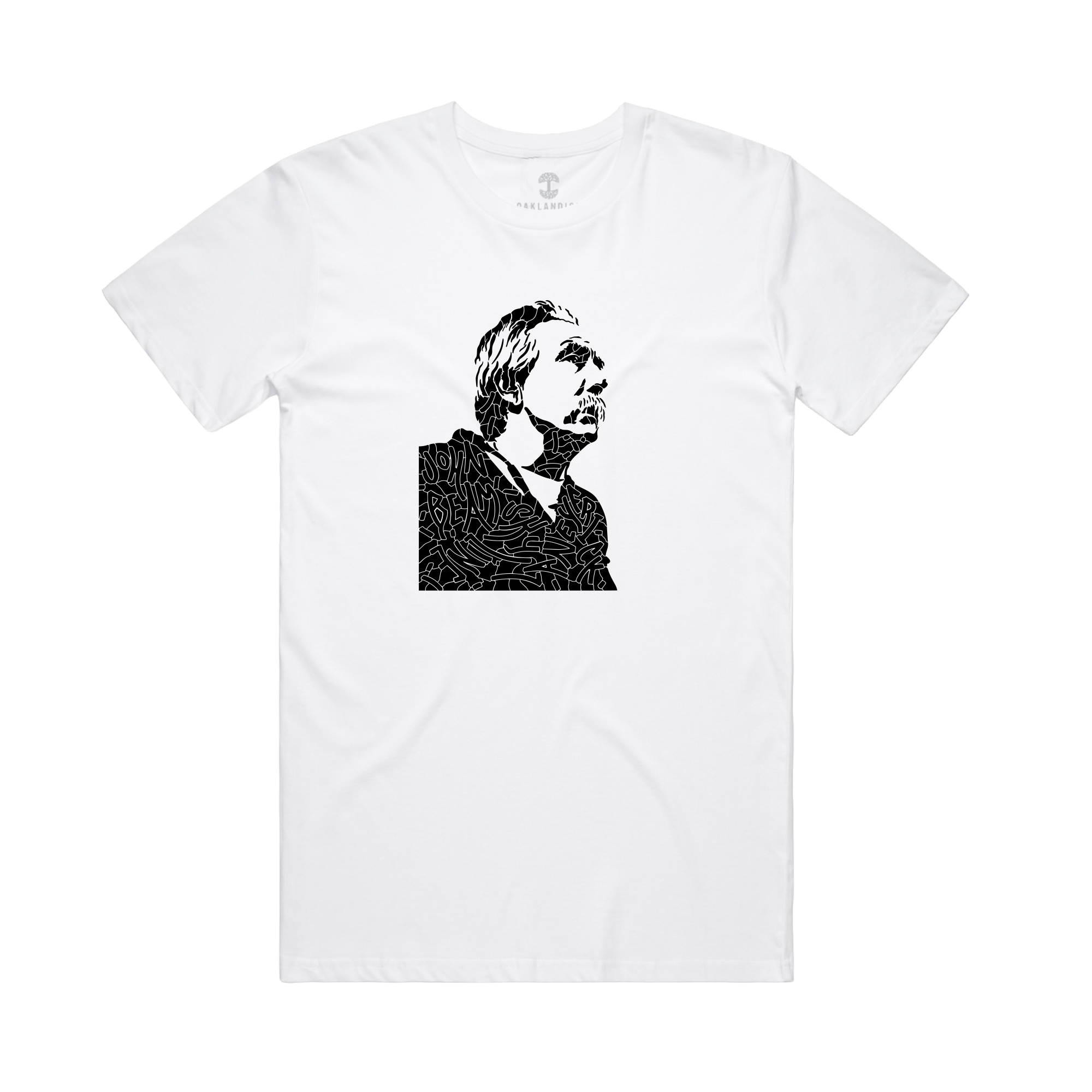 The Oaklandish Coach Beam's Legacy Tee is a white shirt featuring a black, abstract line art portrait of Coach John Beam with medium-length hair and a mustache, centered on the chest to honor Oakland youth. Background is plain.