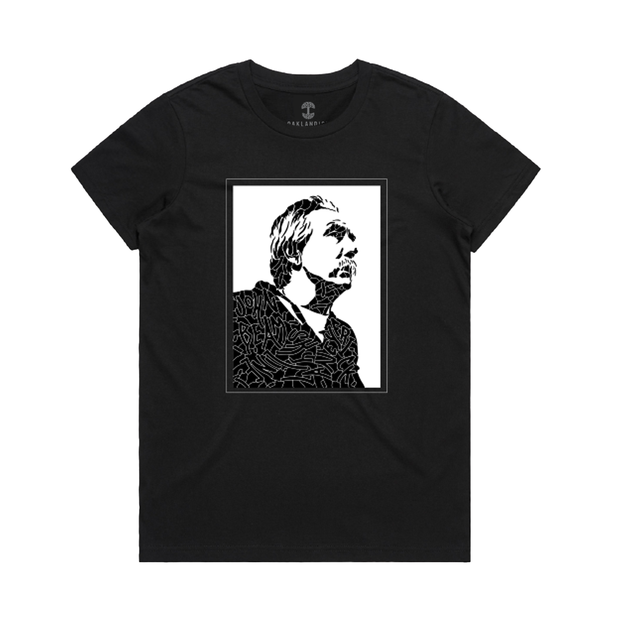The Women's Coach Beam's Legacy Tee by Oaklandish is a black crew-neck shirt with a high-contrast graphic of an upward-looking figure, inspired by Coach John Beam and Oakland youth, framed in abstract lines on the chest.