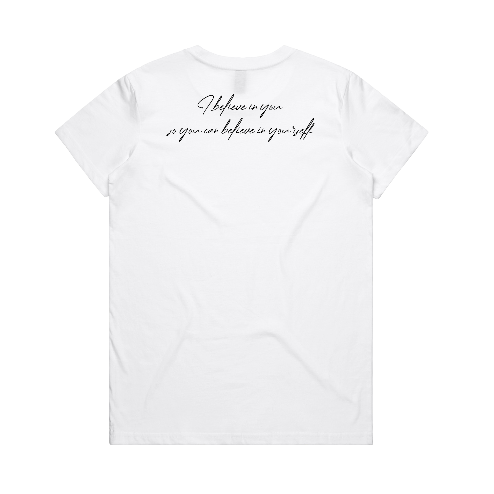 The Women's Coach Beam's Legacy Tee by Oaklandish is a plain white short-sleeve shirt with "I believe in you so you can believe in yourself." in black cursive on the back, inspired by Coach John Beam’s dedication to Oakland youth. Shown on a solid white background.