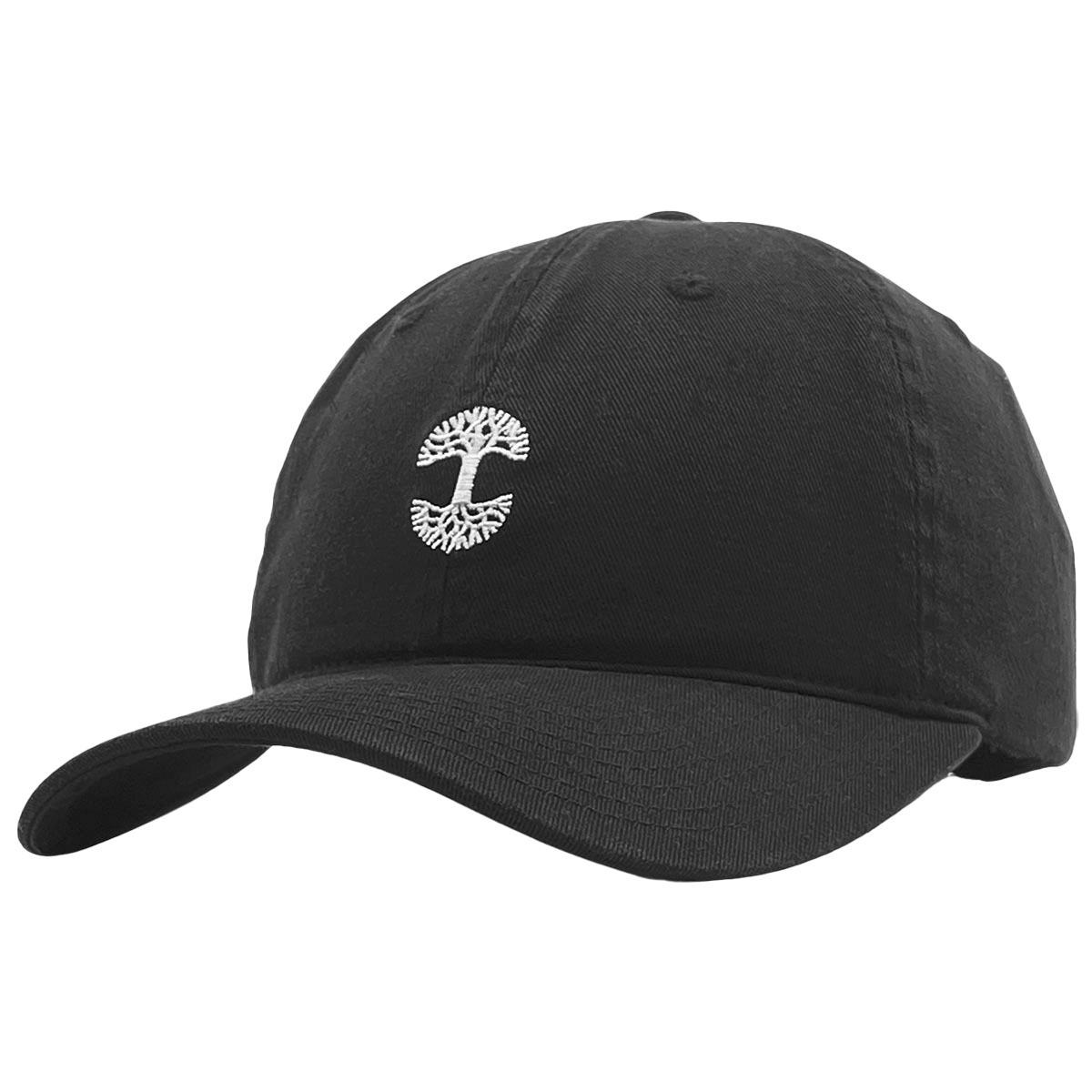 The Micro Logo Dad Hat by Oaklandish is a black dad hat featuring a slightly curved brim. It showcases a centrally positioned white embroidered Oaklandish logo, depicting a stylized tree with roots extending downwards. The textured design suggests it is made from fabric material.