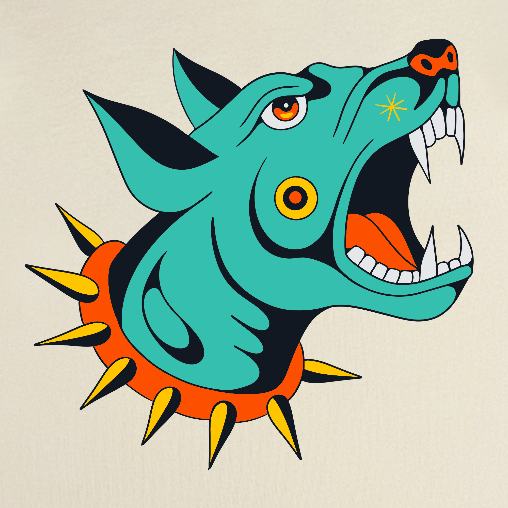 Oaklandish's Dawg Tee features a bold turquoise dog head with a spiked orange collar and yellow star on its nose, inspired by tattoo flash art, on light beige 100% cotton—a classic fit t-shirt that stands out.