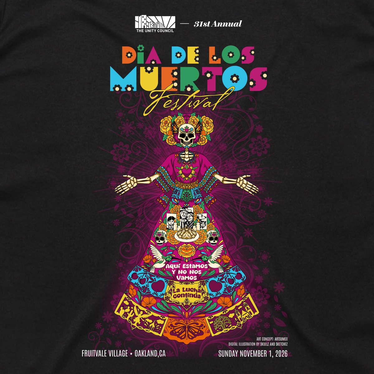 The La Catrina de Oakland Tee features La Catrina with arms outstretched in a colorful dress patterned with florals, birds, and portraits, set against a backdrop with “Día de los Muertos Festival” lettering.