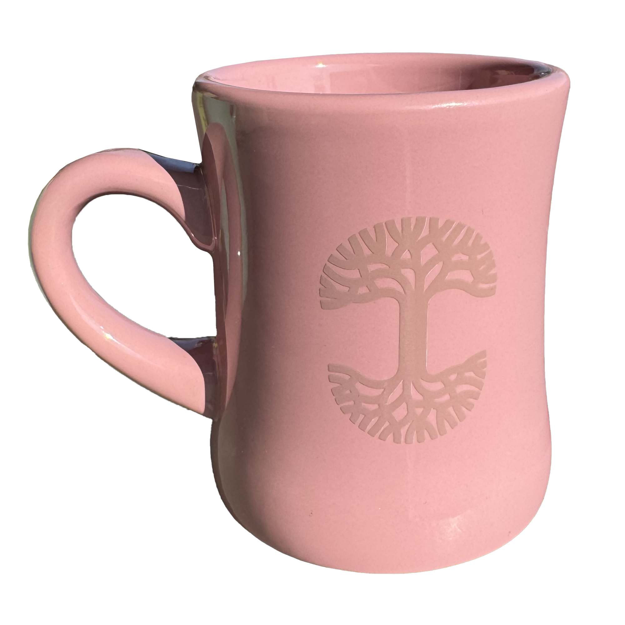 The Oaklandish Diner Mug, crafted by the brand Oaklandish, is a chic piece of ceramic drinkware featuring a pink color with a flared rim and a left-curved handle. Its embossed design highlights a stylized tree with symmetrical branches and roots at the center, while its glossy finish elegantly reflects light.