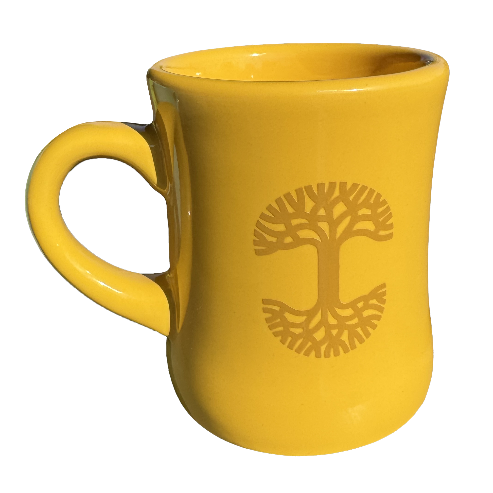 This Oaklandish Diner Mug, a striking piece from the renowned brand Oaklandish, showcases a smooth, curvy design with a left-sided handle. The yellow ceramic mug is beautifully adorned with a darker yellow stylized tree of life symbol, where the branches and roots reflect each other gracefully.