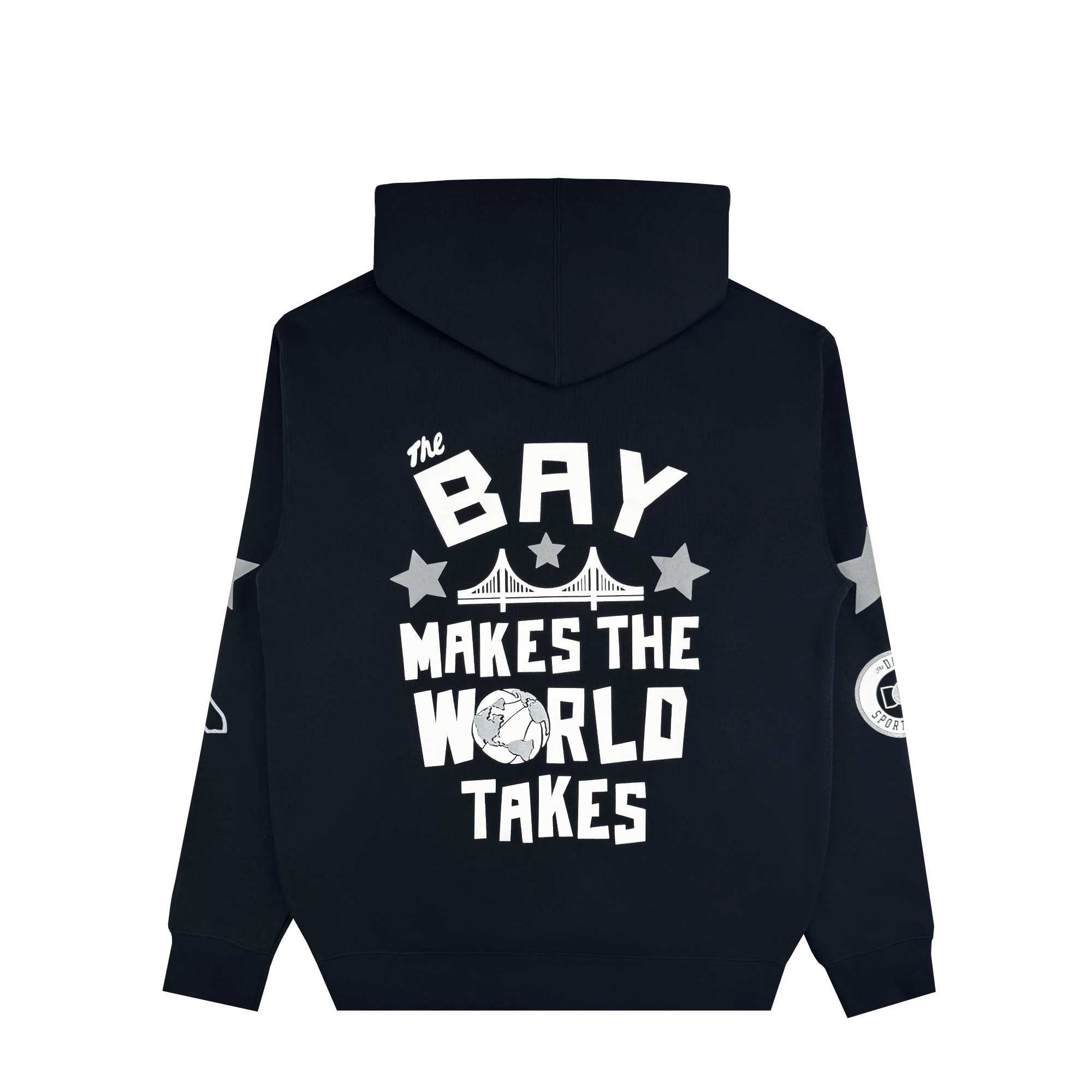 The Bay Bridge Hoodie by DOC from Oaklandish is a black hoodie featuring the design "The Bay Makes the World Takes" in white on the back, with star decorations, a bridge image, and sleeve patches. This piece celebrates Bay Area pride and global culture, inspired by designer Dustin O. Canalin.