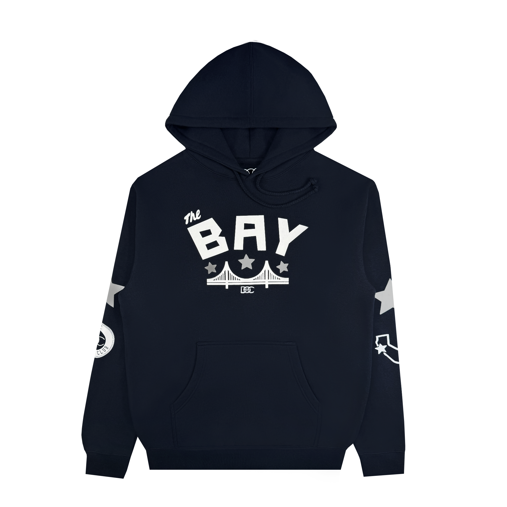 The Bay Bridge Hoodie by Oaklandish, designed by Dustin O. Canalin, is navy blue with "The Bay" and a bridge illustration on the front. It features white stars on the elbows, a circular emblem on the right sleeve, and comes with a drawstring hood, ribbed cuffs, and hem for style.