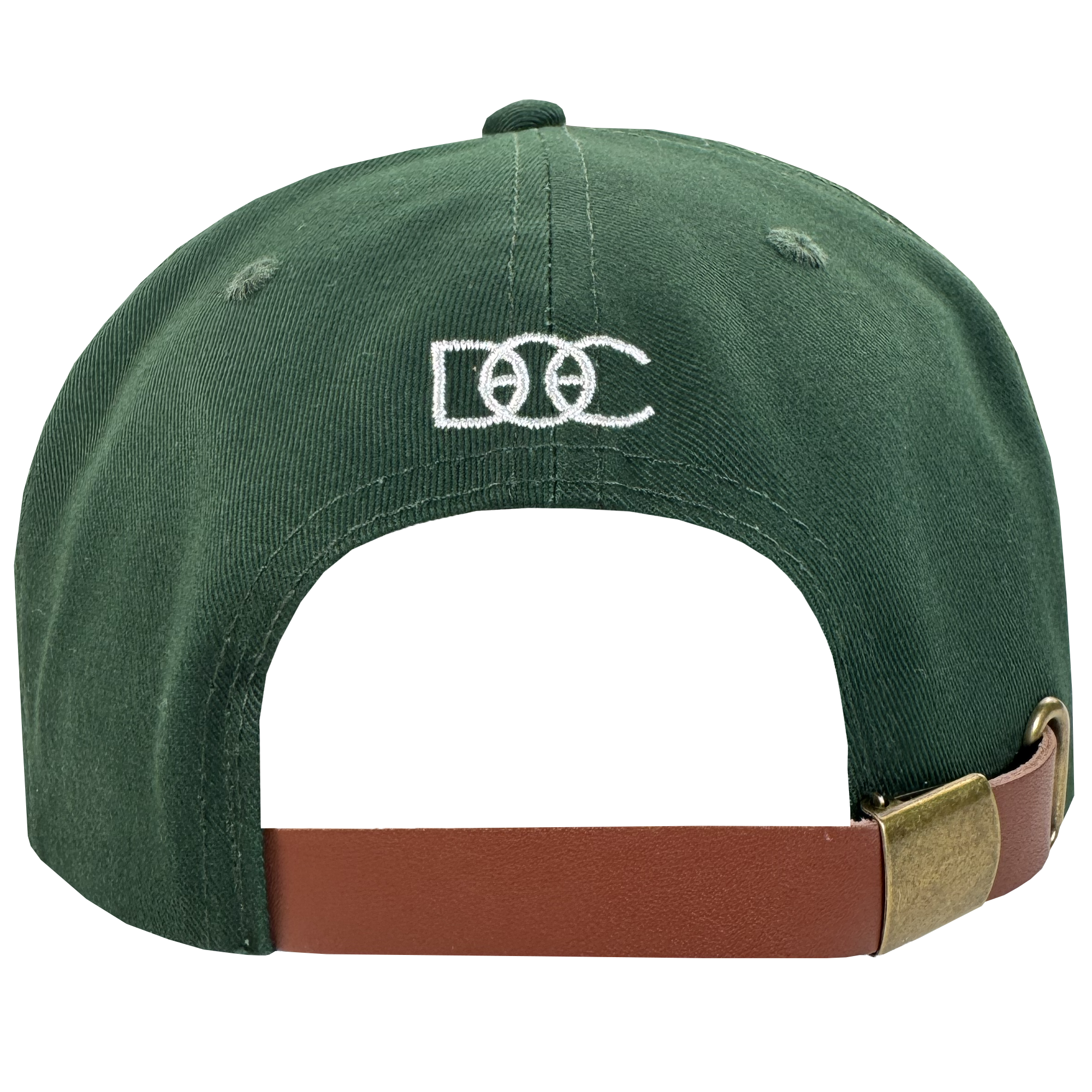 The Bay Area 5 Panel by DOC from Oaklandish is a green hat with "DOC" and two interlocking rings embroidered in white on the back. It features a brown adjustable strap with brass buckle. Displayed on a plain white background.