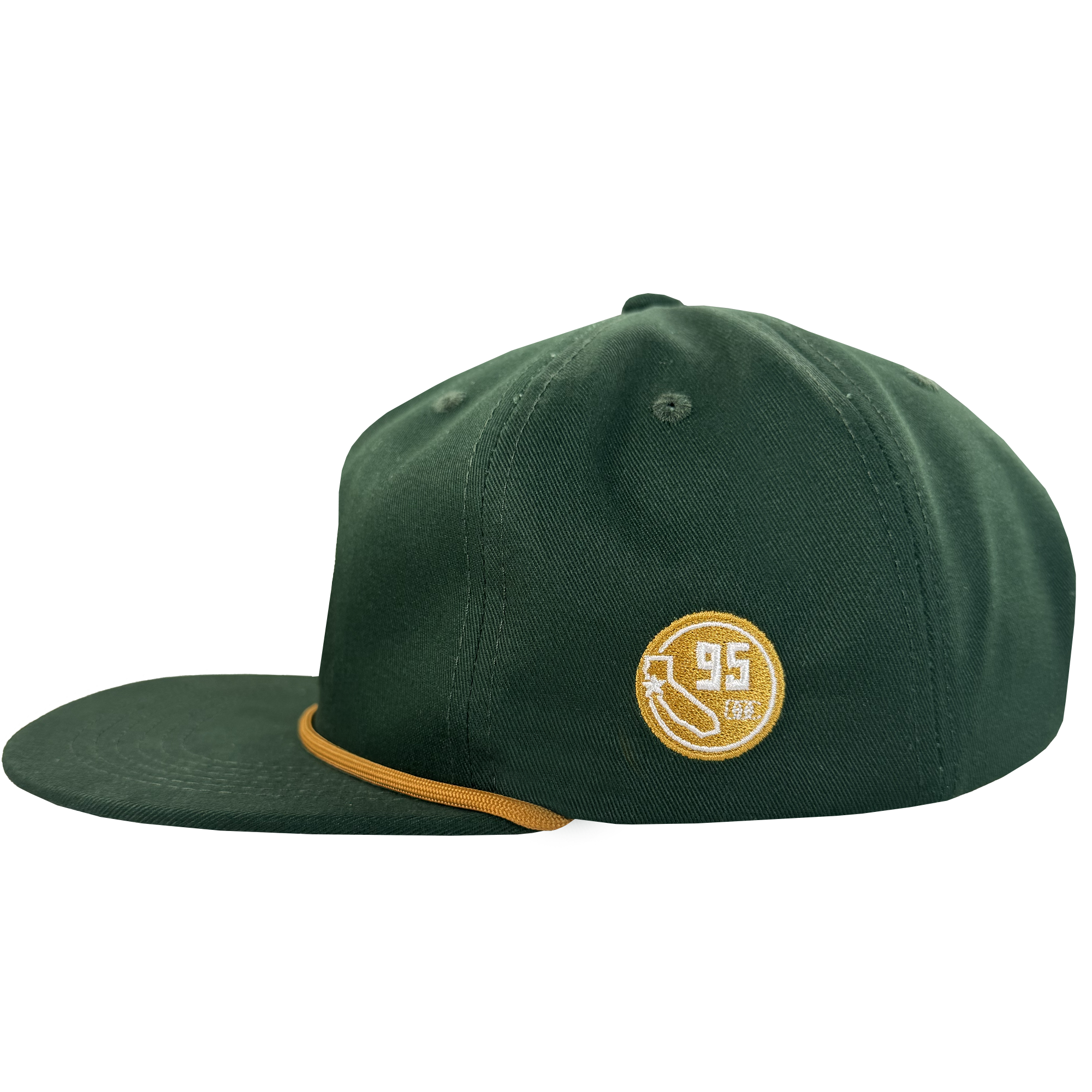 The Bay Area 5 Panel by DOC from Oaklandish is a dark green hat with a flat brim and yellow accent, side view. A circular patch displays a yellow banana and "95" in white, while small stitched eyelets adorn the crown.