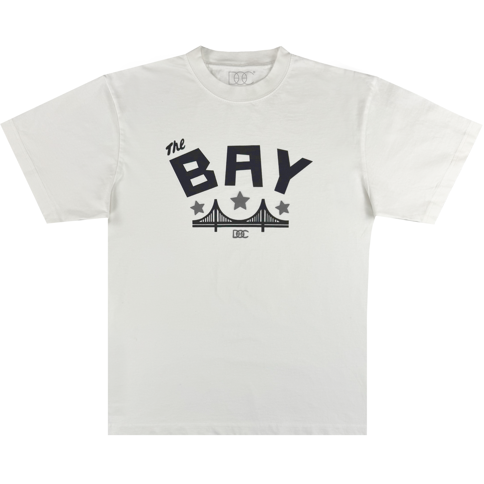 The Bay Bridge Tee By DOC V2 from Oaklandish features a classic fit in heavyweight cotton, with bold black "The BAY" text above a stylized bridge, two black stars, and a small rectangular logo below.