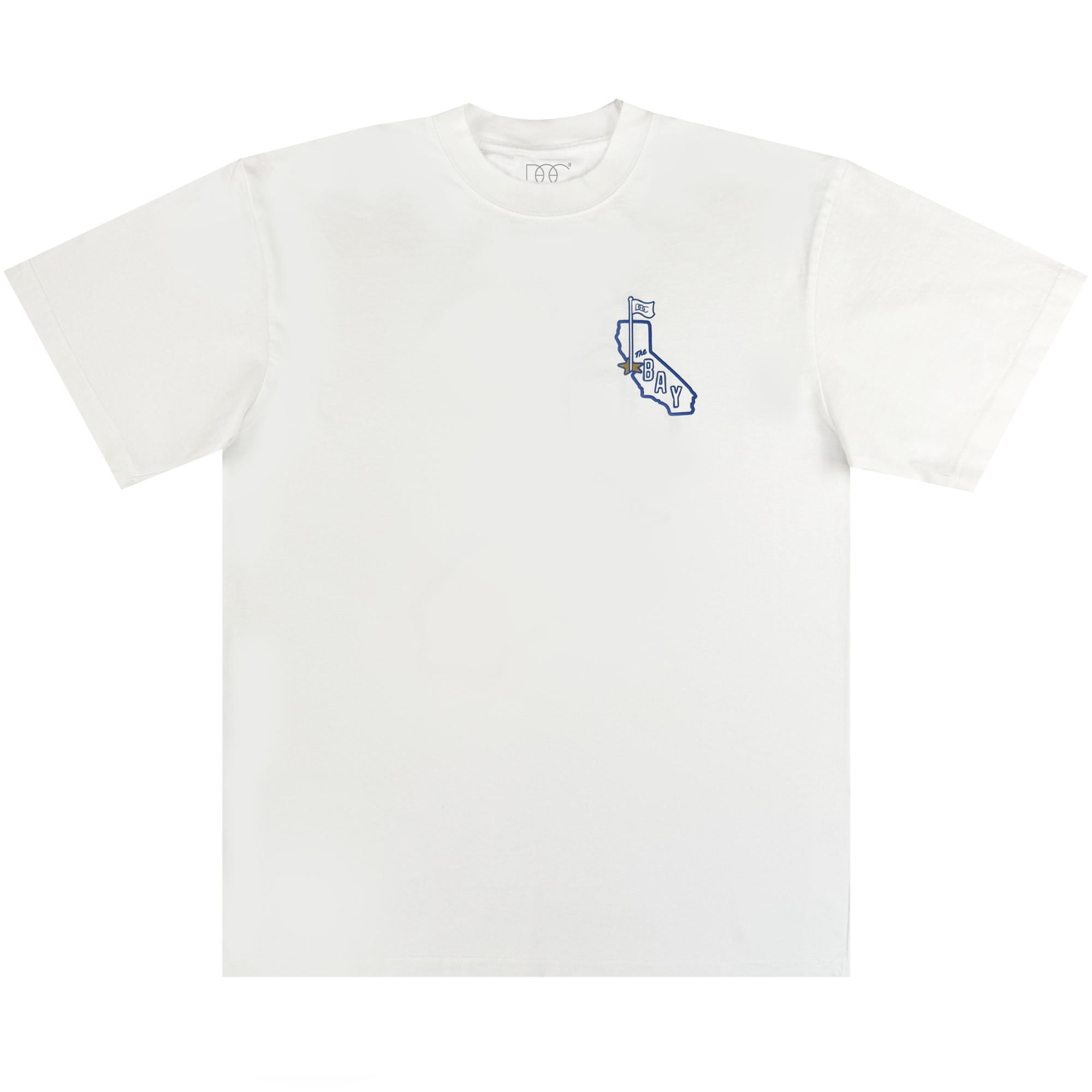 The CA Bay Area Tee By DOC by Oaklandish is a classic fit white t-shirt with a small blue line drawing on the left chest, showing California with a flag, flower, and "BAY," made from heavyweight cotton for lasting comfort.