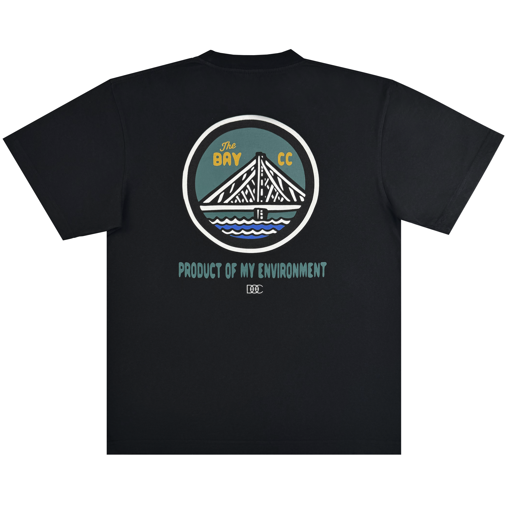 The Oaklandish Bay Area CC Tee By DOC is a black heavyweight cotton t-shirt with a circular back graphic of a bridge, sun, and water. Part of The Bay Collection, it features “The BAY CC” and “PRODUCT OF MY ENVIRONMENT.” Classic fit.