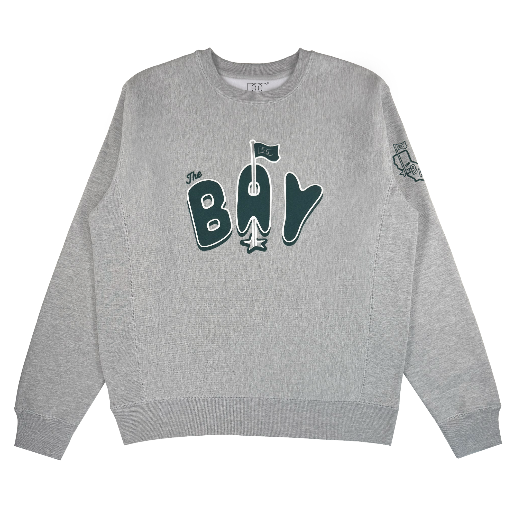 The Bay Flag Crew By DOC from Oaklandish is a heather gray heavyweight crewneck with "The Bay" in dark green, a stylized flag above the “A,” and a small embroidered sleeve graphic. Background is plain white.