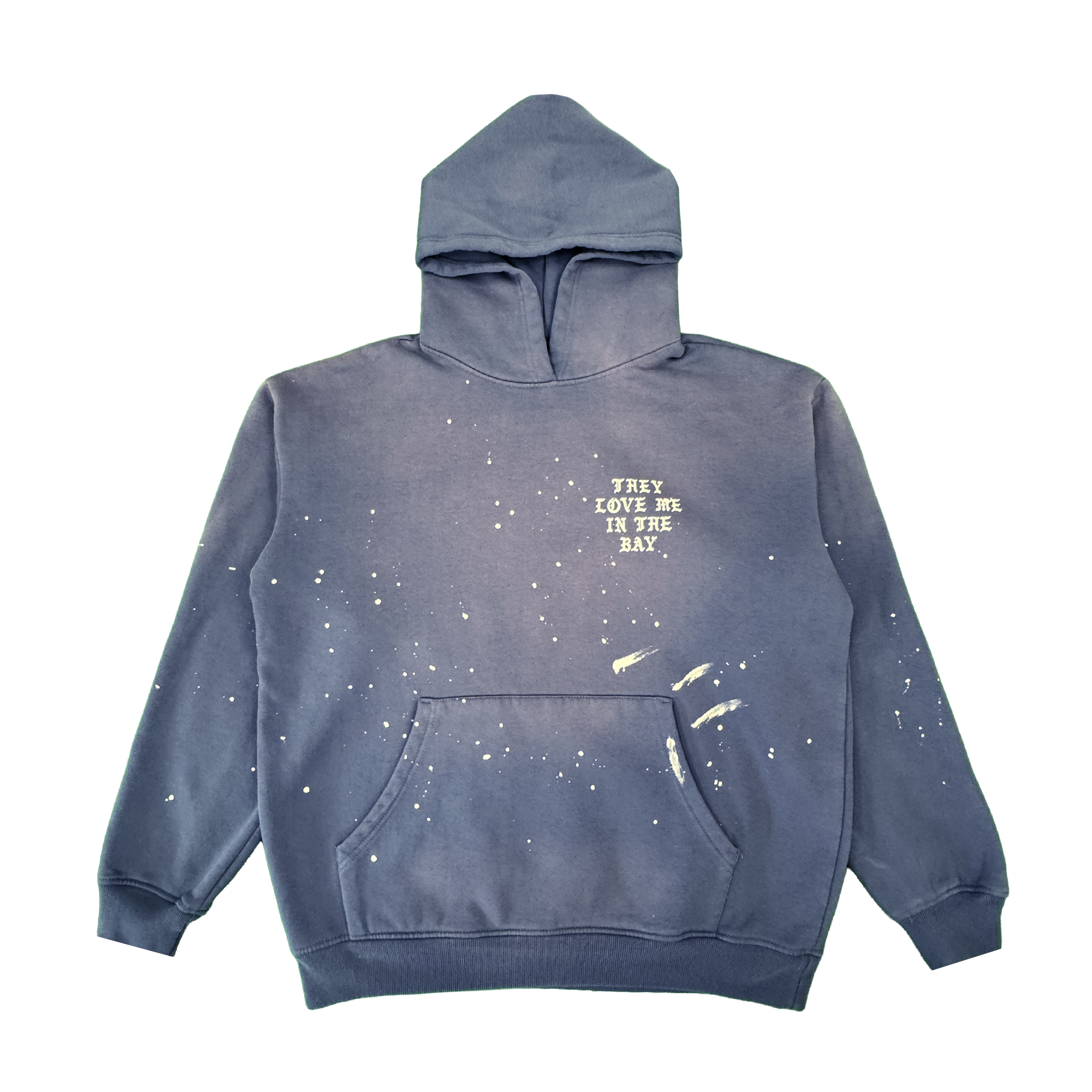 Introducing the They Love Me Hoodie By Doc from By DOC—a vintage-inspired blue men’s pullover hoodie accented with distinctive white paint splatters and a practical front pocket. Crafted from heavyweight fleece, this relaxed-fit hoodie sports a drawstring-free hood for effortless comfort. The left chest features “THEY LOVE ME IN THE BAY.” printed in white, adding a unique touch to its laid-back style.
