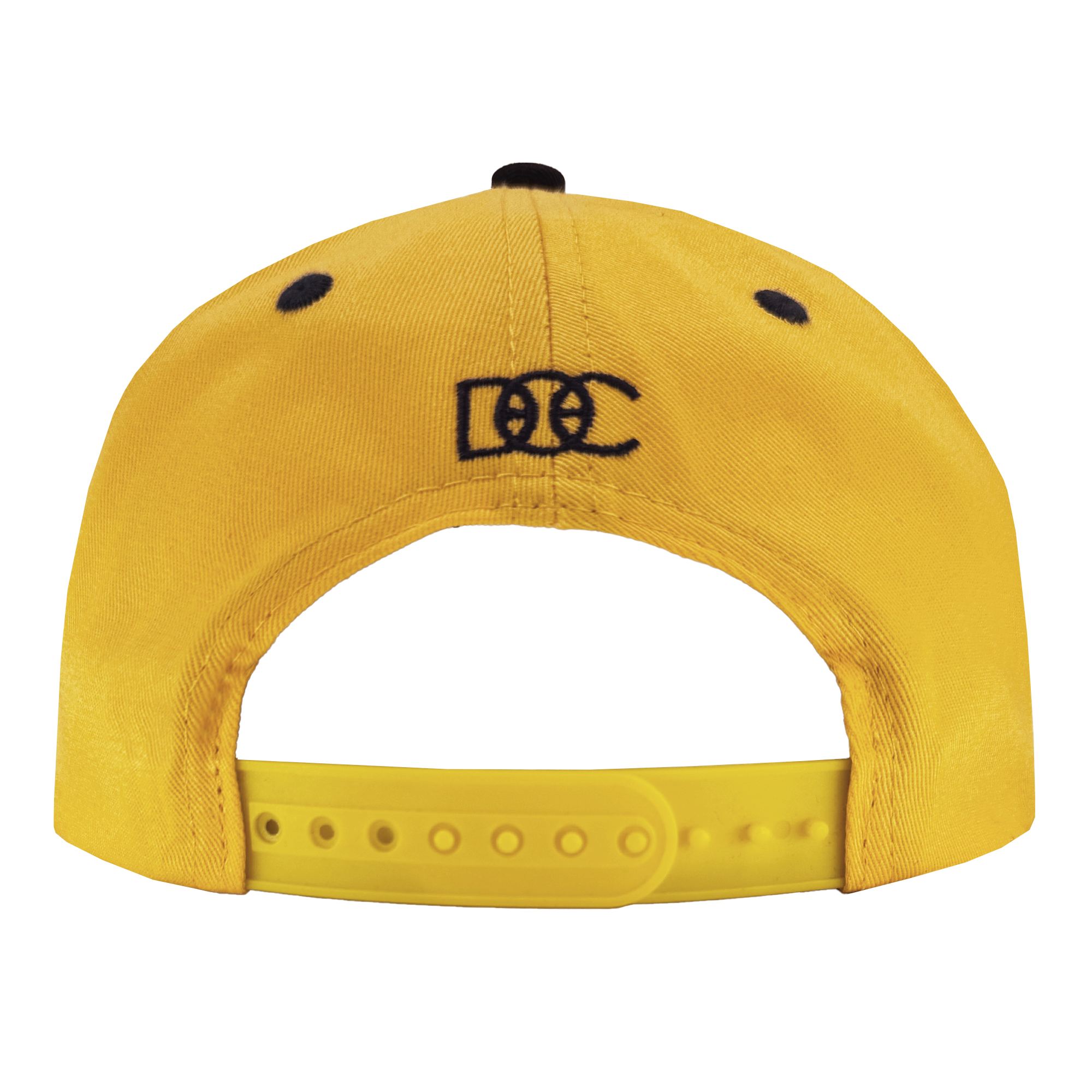 The image shows the yellow Bay Bridge Snapback by DOC from Oaklandish, featuring a plastic snapback closure. "D.C." is embroidered in black above it, balancing art and design. Black eyelets near the top and a small crown button add subtle touches to this Bay Area-inspired hat.