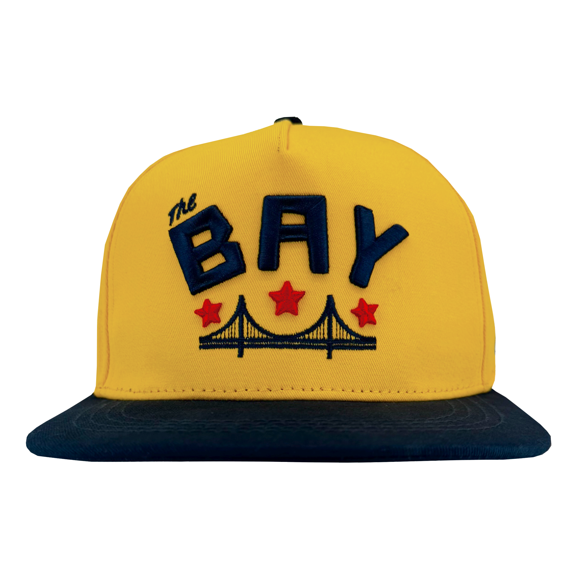 The Bay Bridge Snapback by Oaklandish celebrates Bay Area pride with bold "THE BAY" blue embroidery, a black bridge outline, three red stars on a yellow backdrop, and a flat black brim.