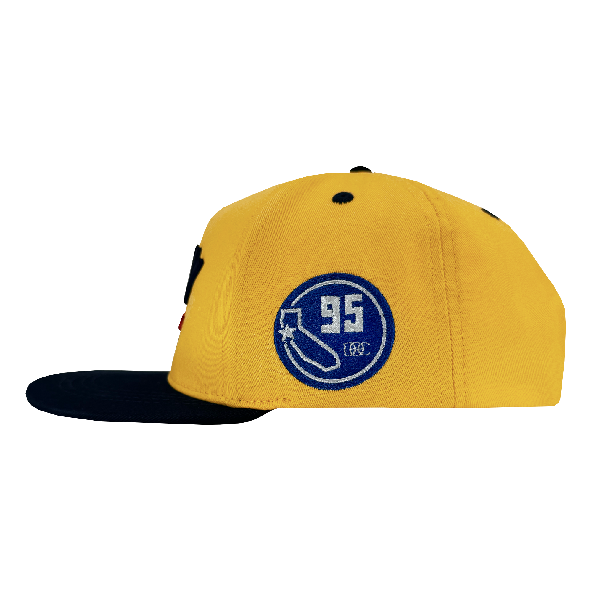 The Bay Bridge Snapback by DOC from Oaklandish features a yellow cap with a black brim. A blue and white patch displays "95" and a California map with stars and an "OG" logo, embodying the sporty, modern spirit of Bay Area design.