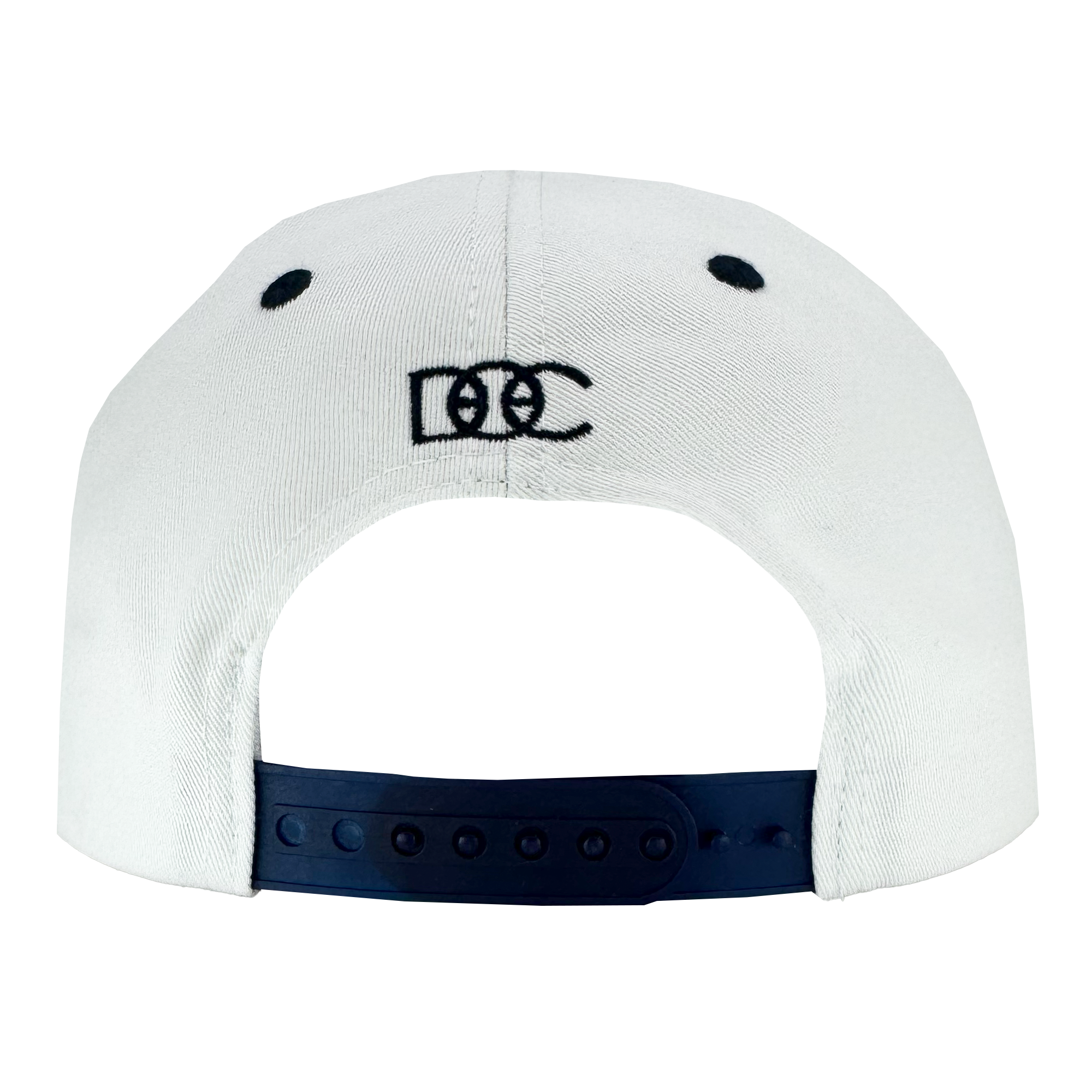 The Bay Bridge Snapback by DOC from Oaklandish showcases Bay Area culture with a sleek design. The white cap features black embroidered text or logo on the back, a blue adjustable snapback for resizing, and two small black eyelets on each side near the top.