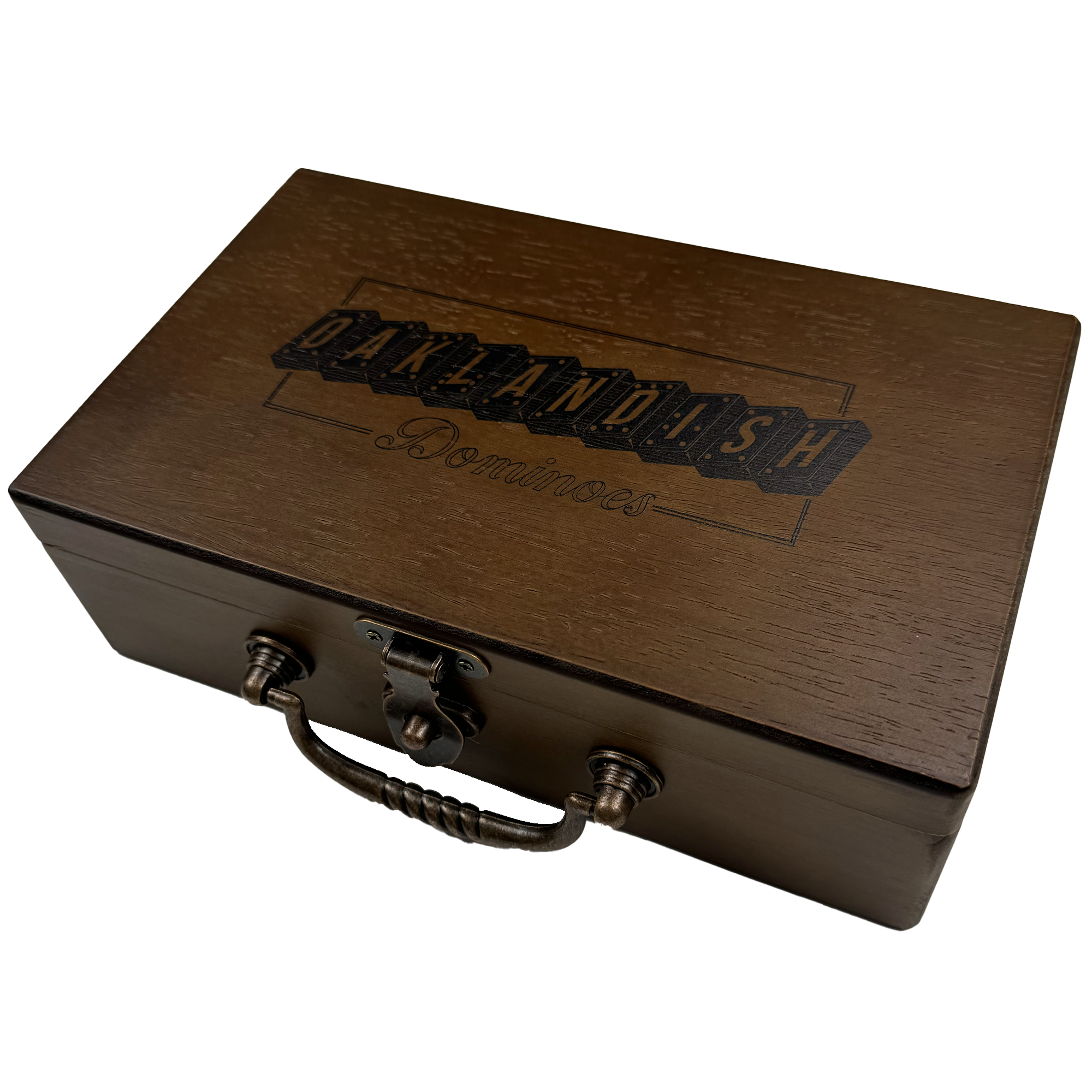 A sleek wooden box featuring a vintage brass handle and latch displays the text "Oaklandish Dominoes Treasure Chest" printed in black on its lid. The glossy finish accentuates its timeless charm, making it an ideal home for your cherished dominoes.