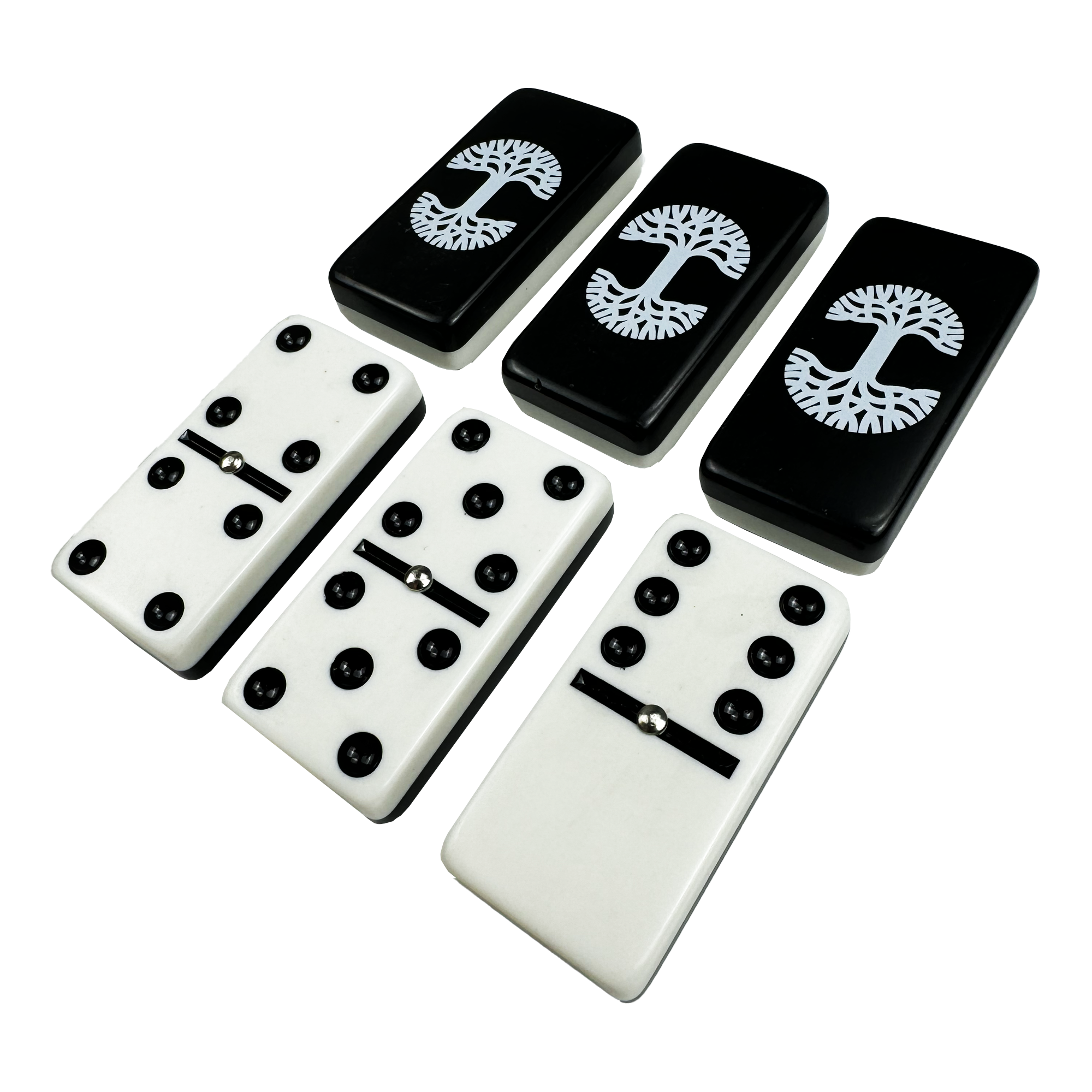 The Oaklandish Dominoes Treasure Chest is arranged in two rows. The top row contains three black dominoes, each adorned with a unique white tree design, while the bottom row displays three white dominoes featuring black dots: double five, five-four, and four-four.